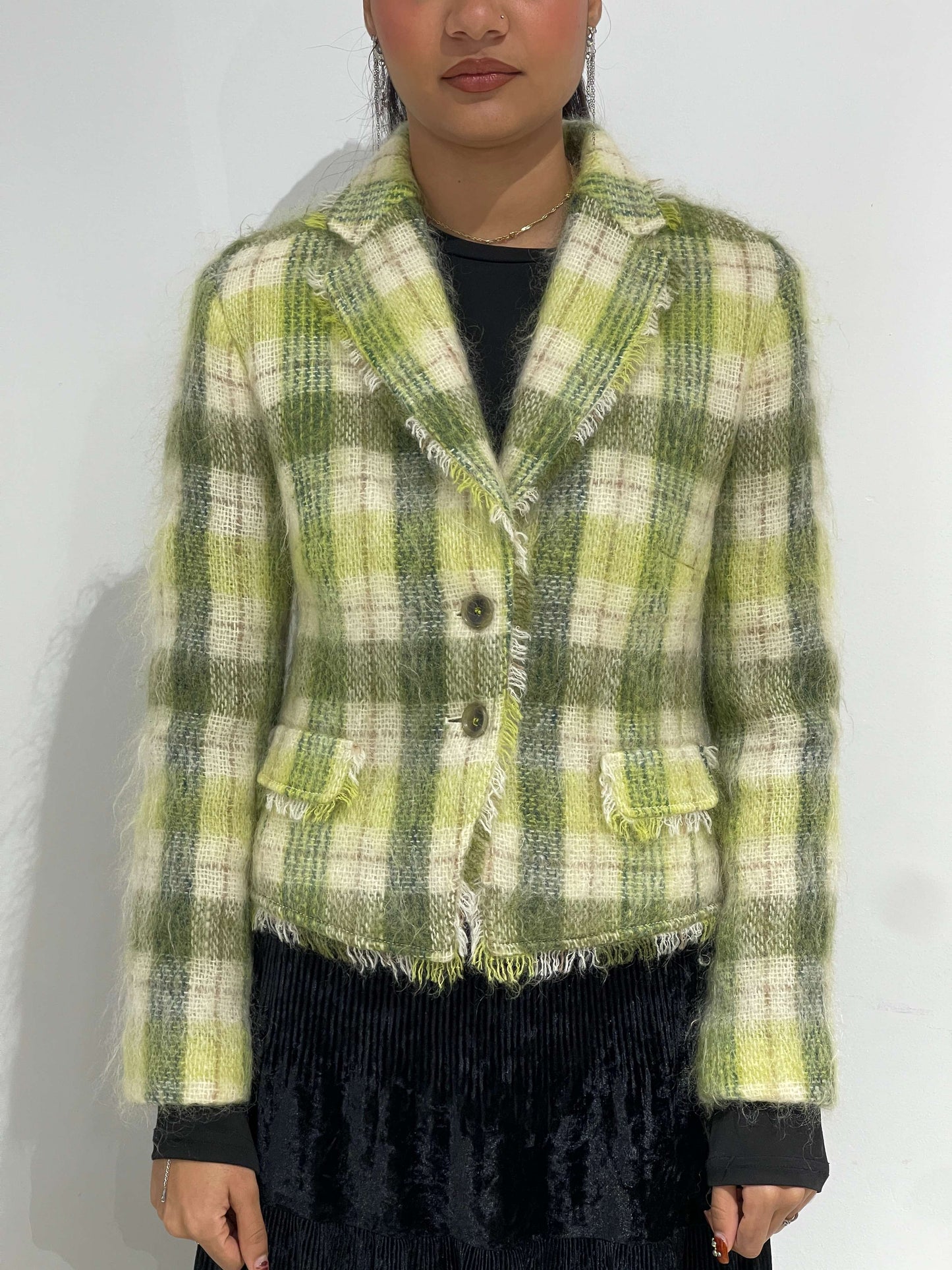 Vintage 90s Wool Furry Checkered Blazer
