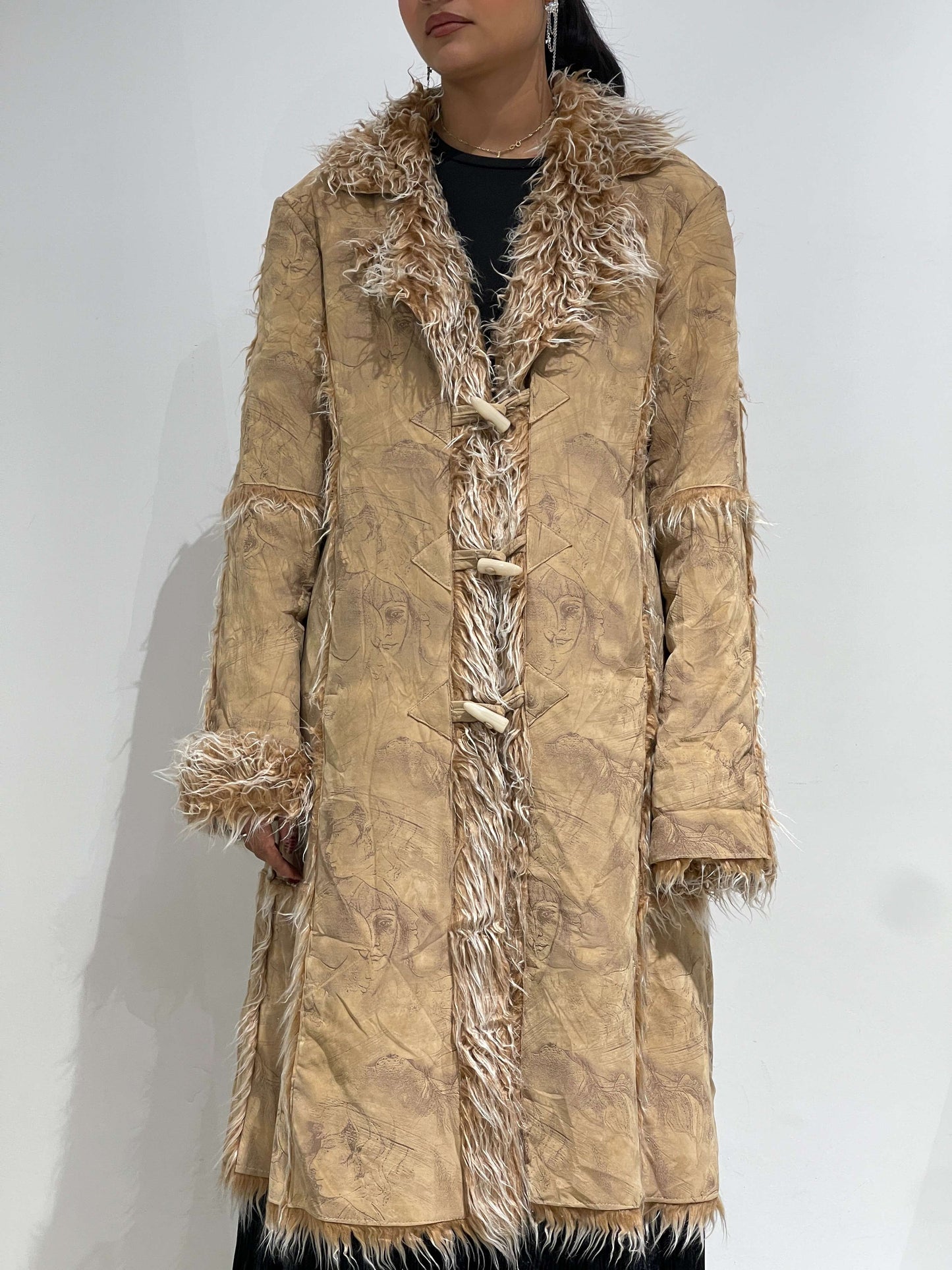Vintage Furry Afghan Maxi Coat With Faces