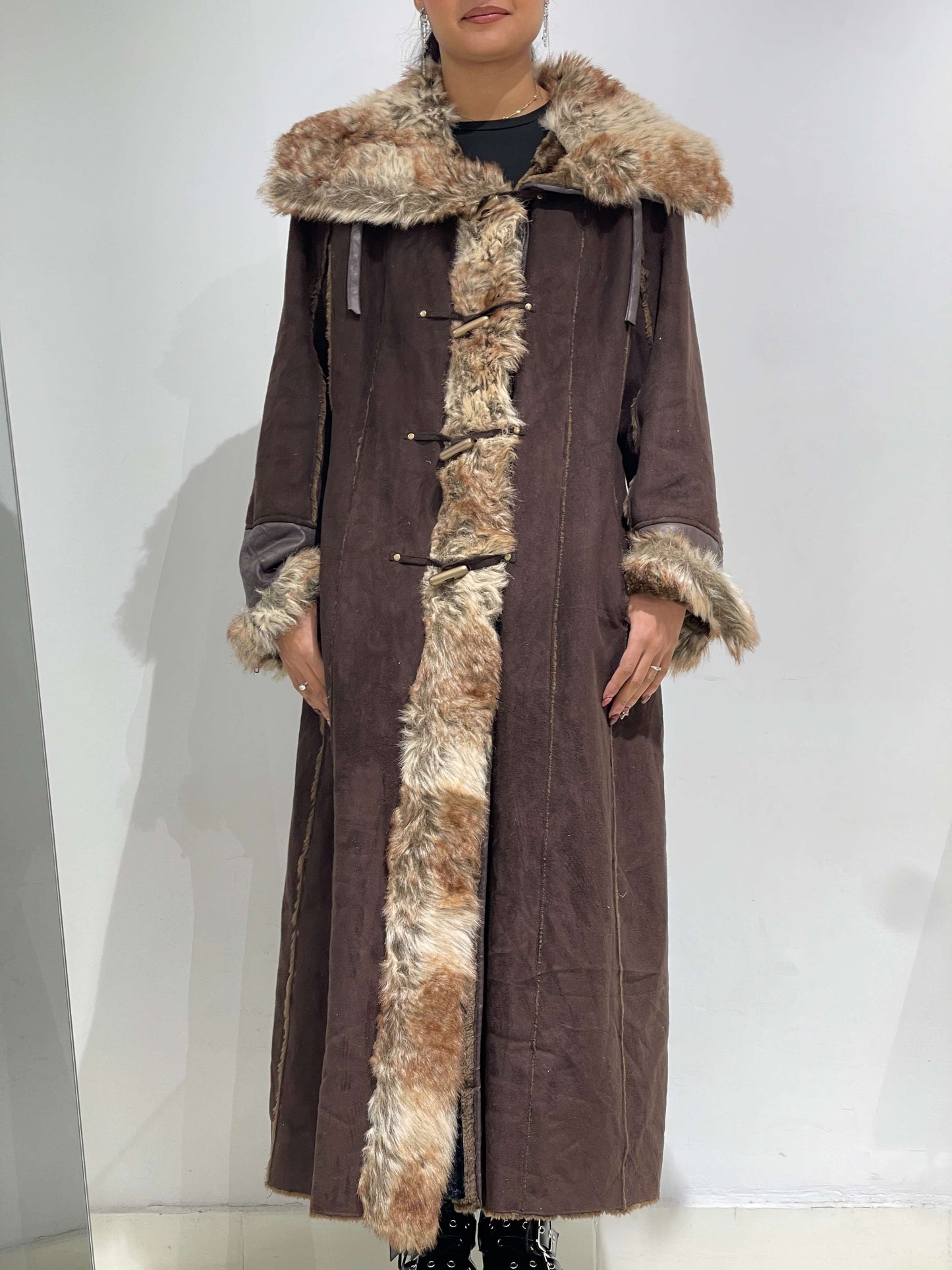 Vintage 00s Suede Afghan Dark Brown Maxi Coat