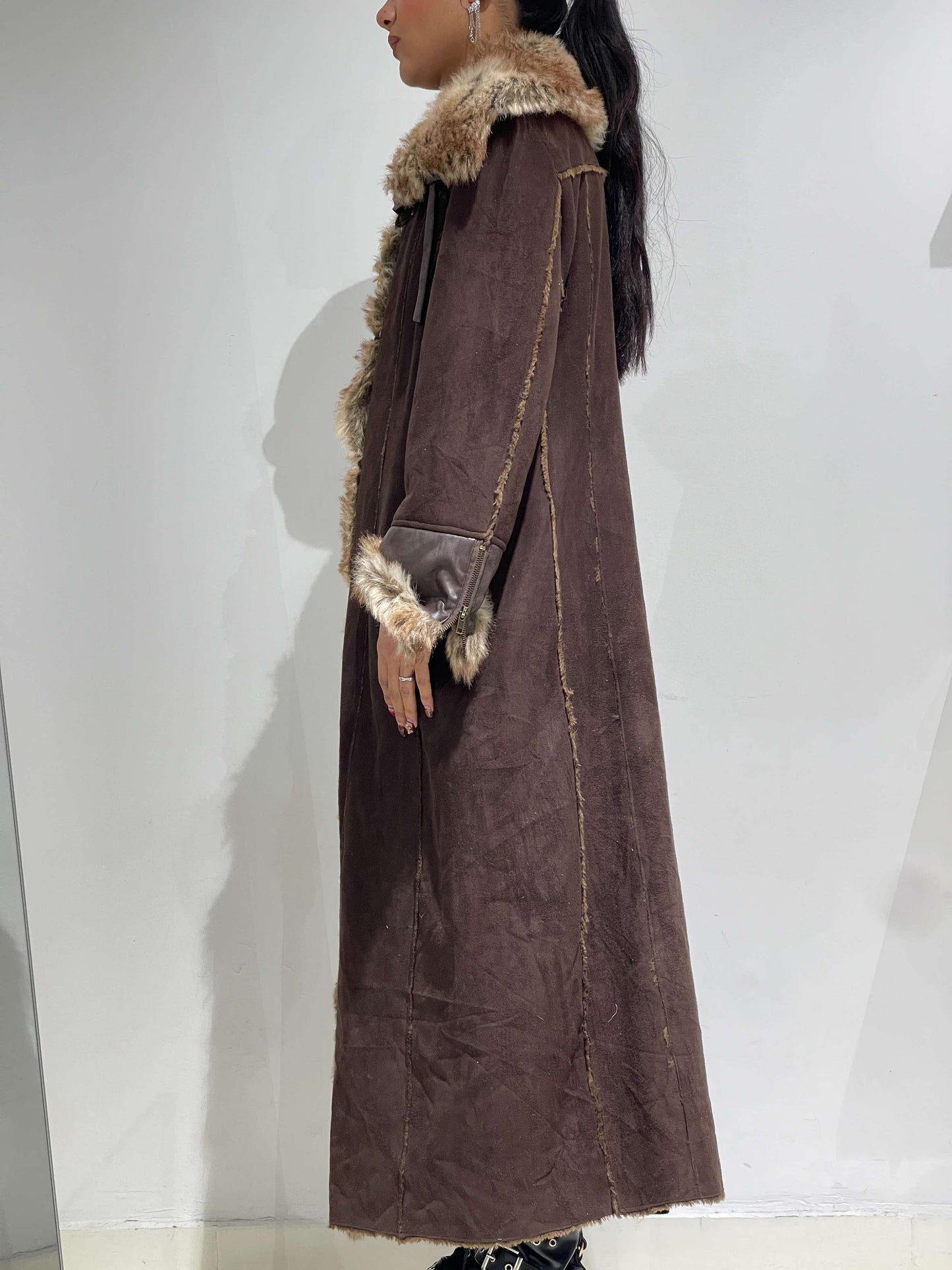 Vintage 00s Suede Afghan Dark Brown Maxi Coat