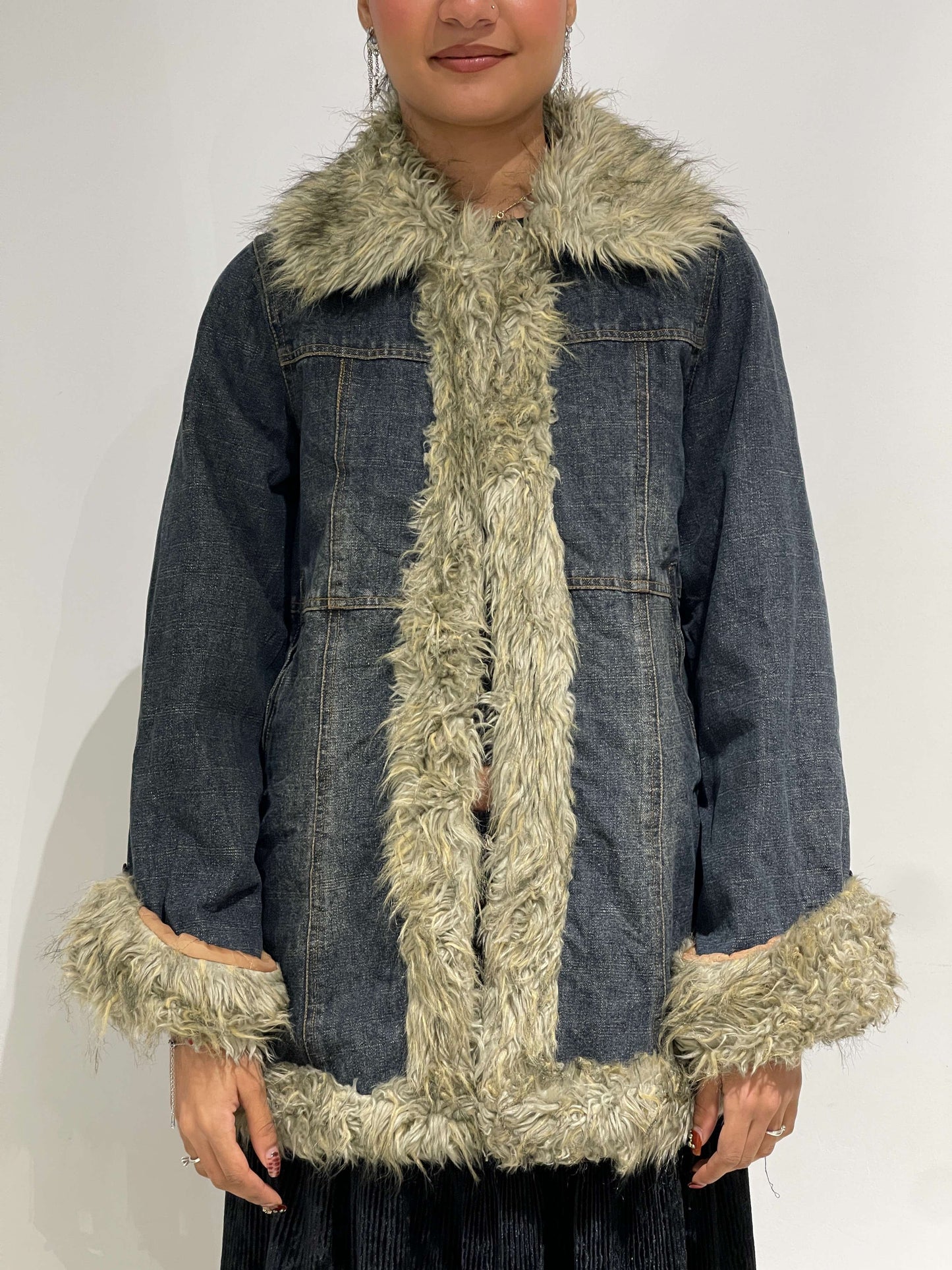 Vintage Y2K Dark Denim Afghan Coat With Faux Fur