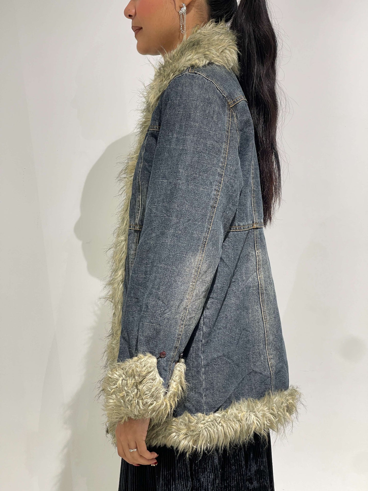 Vintage Y2K Dark Denim Afghan Coat With Faux Fur