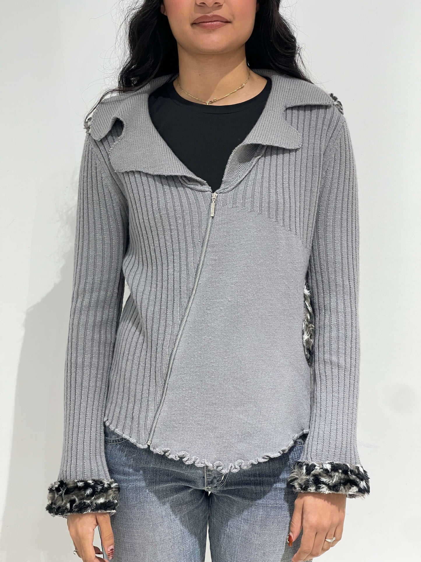 Vintage 00s Indie Sleaze Knitted Zipper Cardigan With Fur
