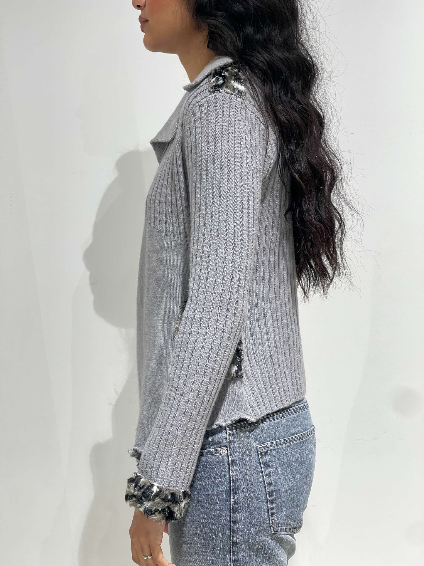 Vintage 00s Indie Sleaze Knitted Zipper Cardigan With Fur