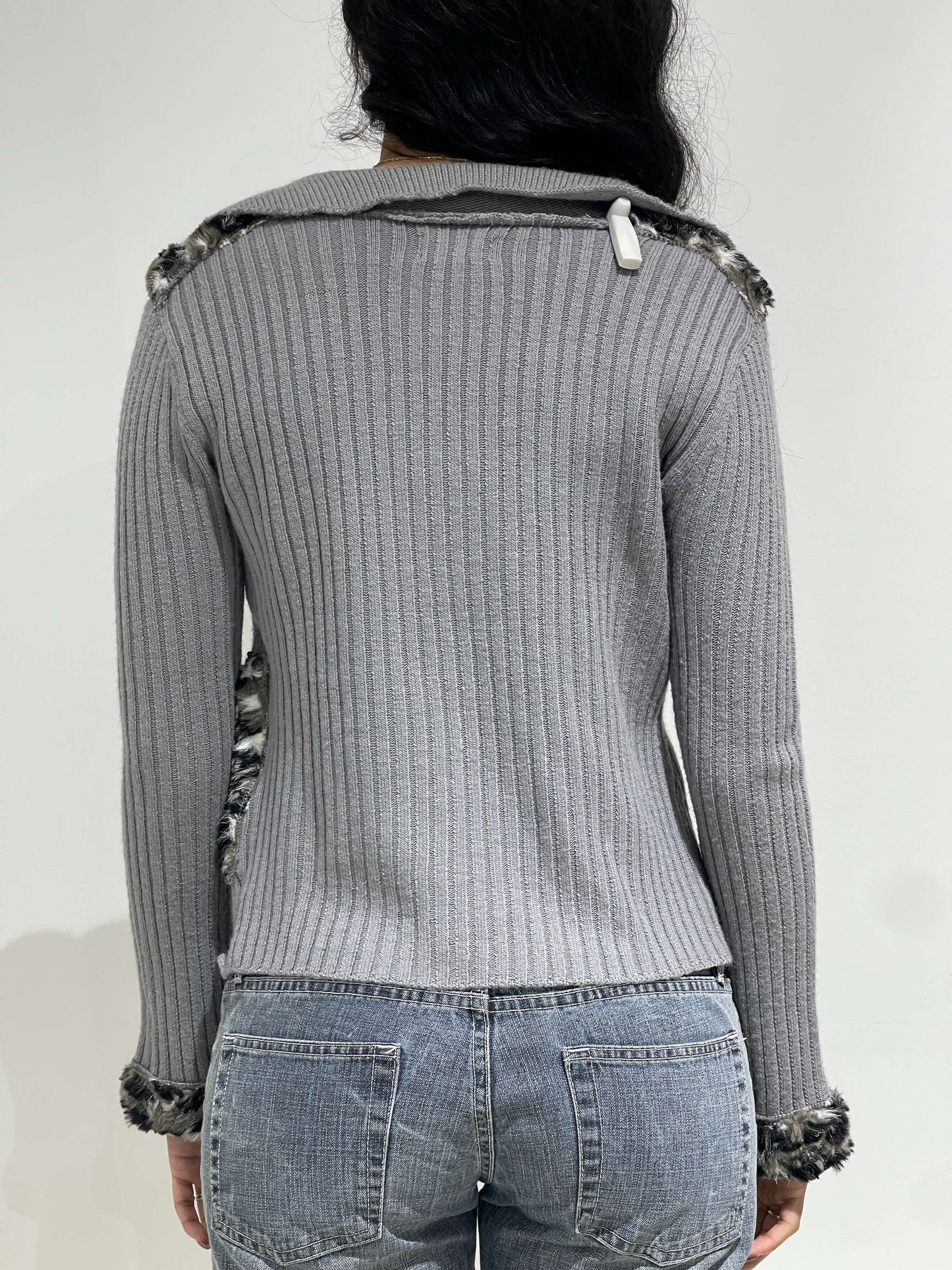 Vintage 00s Indie Sleaze Knitted Zipper Cardigan With Fur