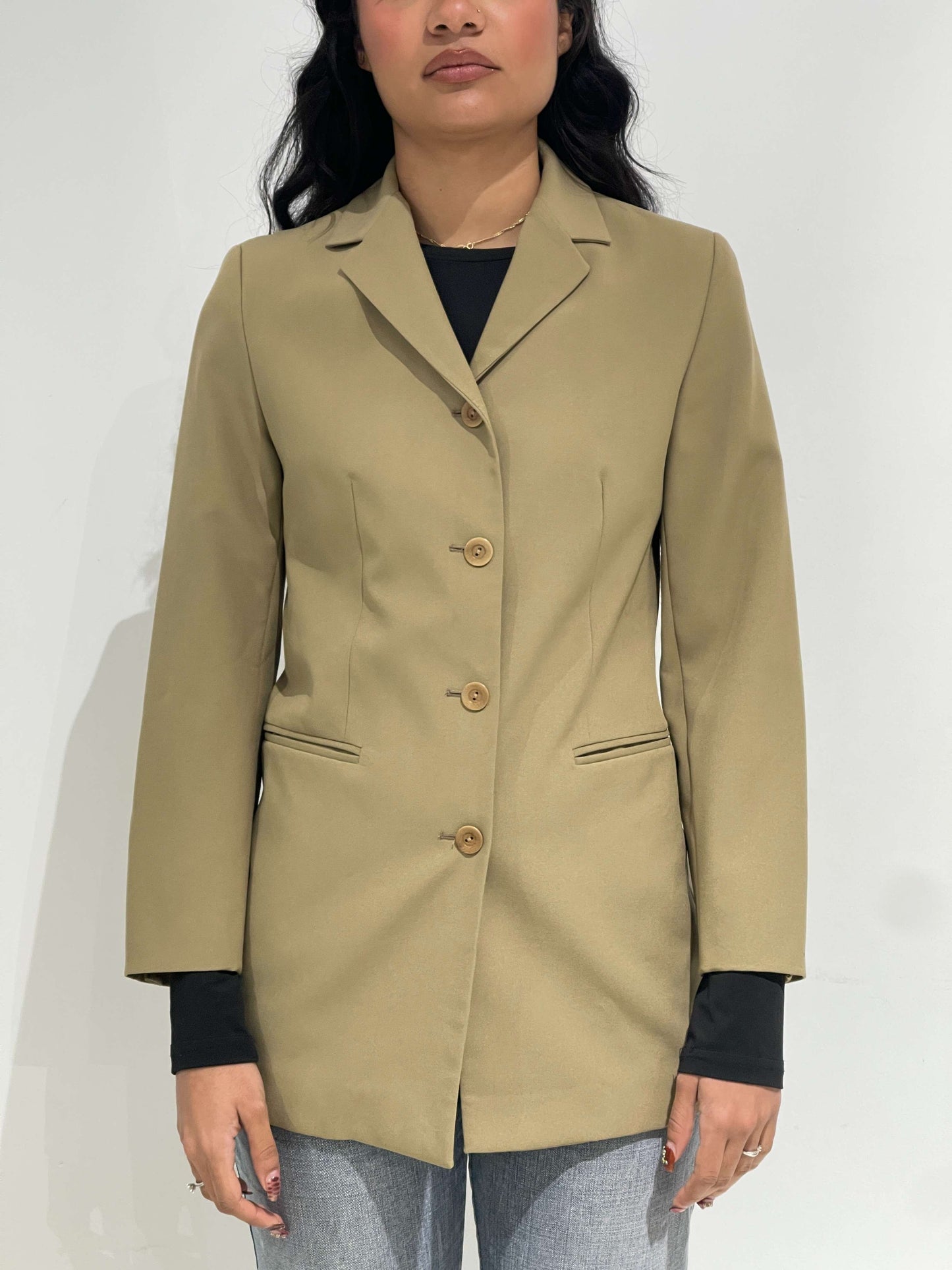 Vintage 90s Corporate Siren Maxi Blazer In Beige