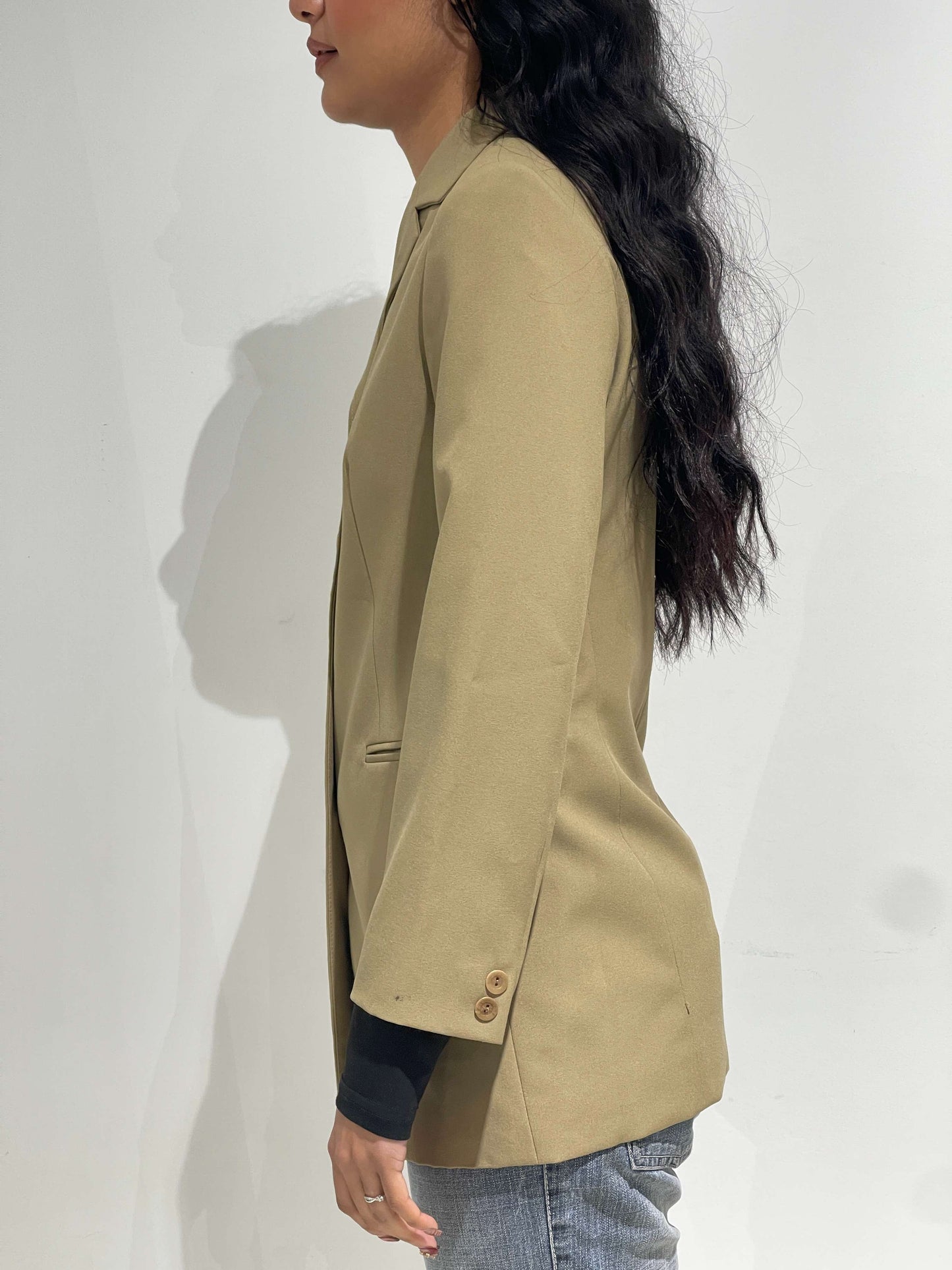 Vintage 90s Corporate Siren Maxi Blazer In Beige