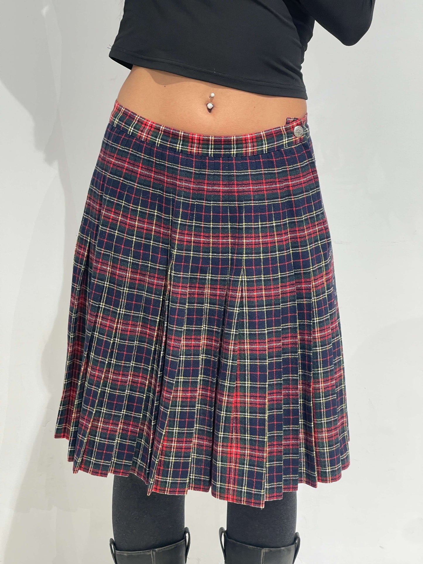Vintage 00s Wool Checkered Pleated Midi Skirt