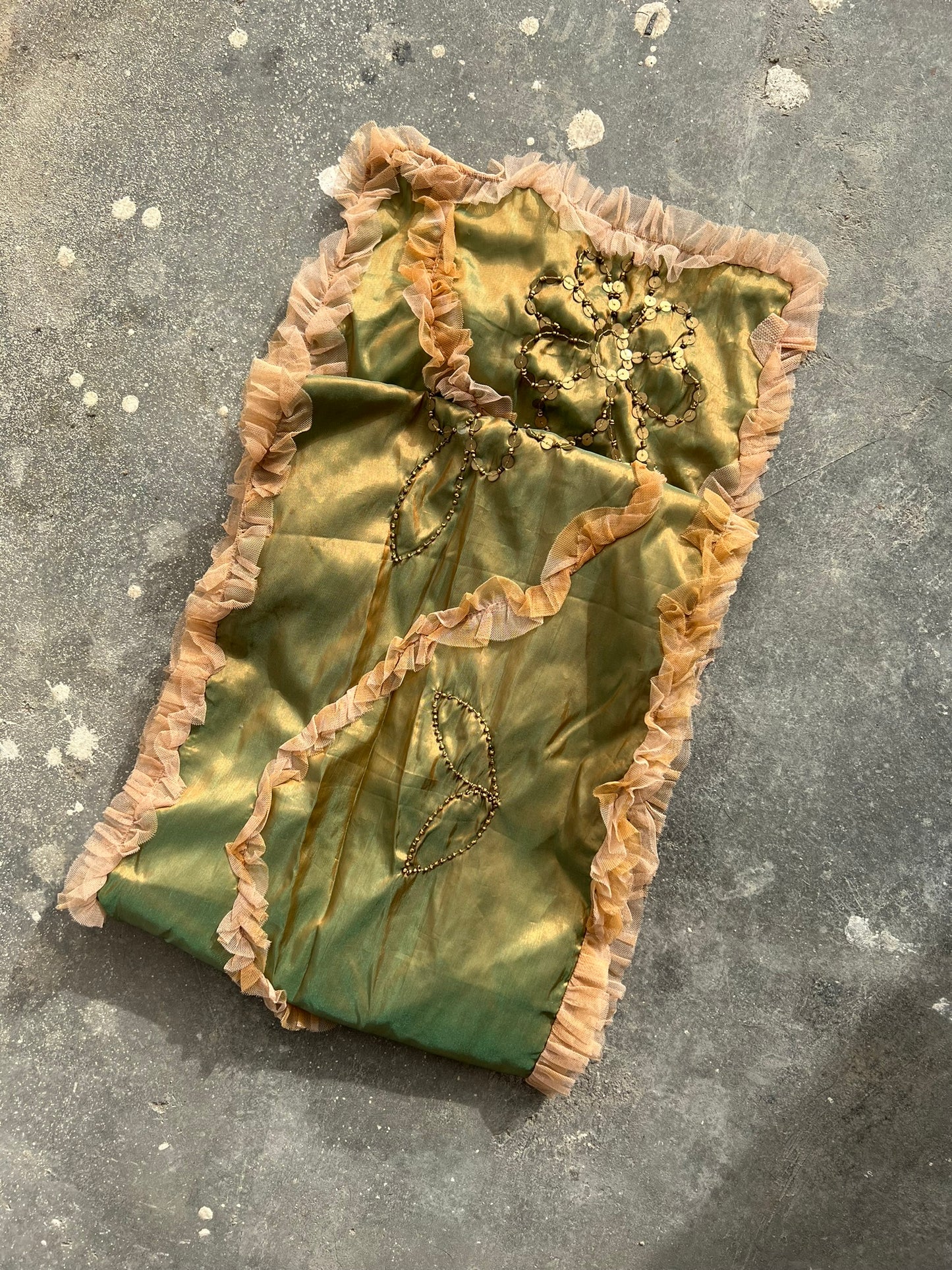 Vintage Late 90s Fairy Core Shimmery Scarf with Lace Flowers and ruches