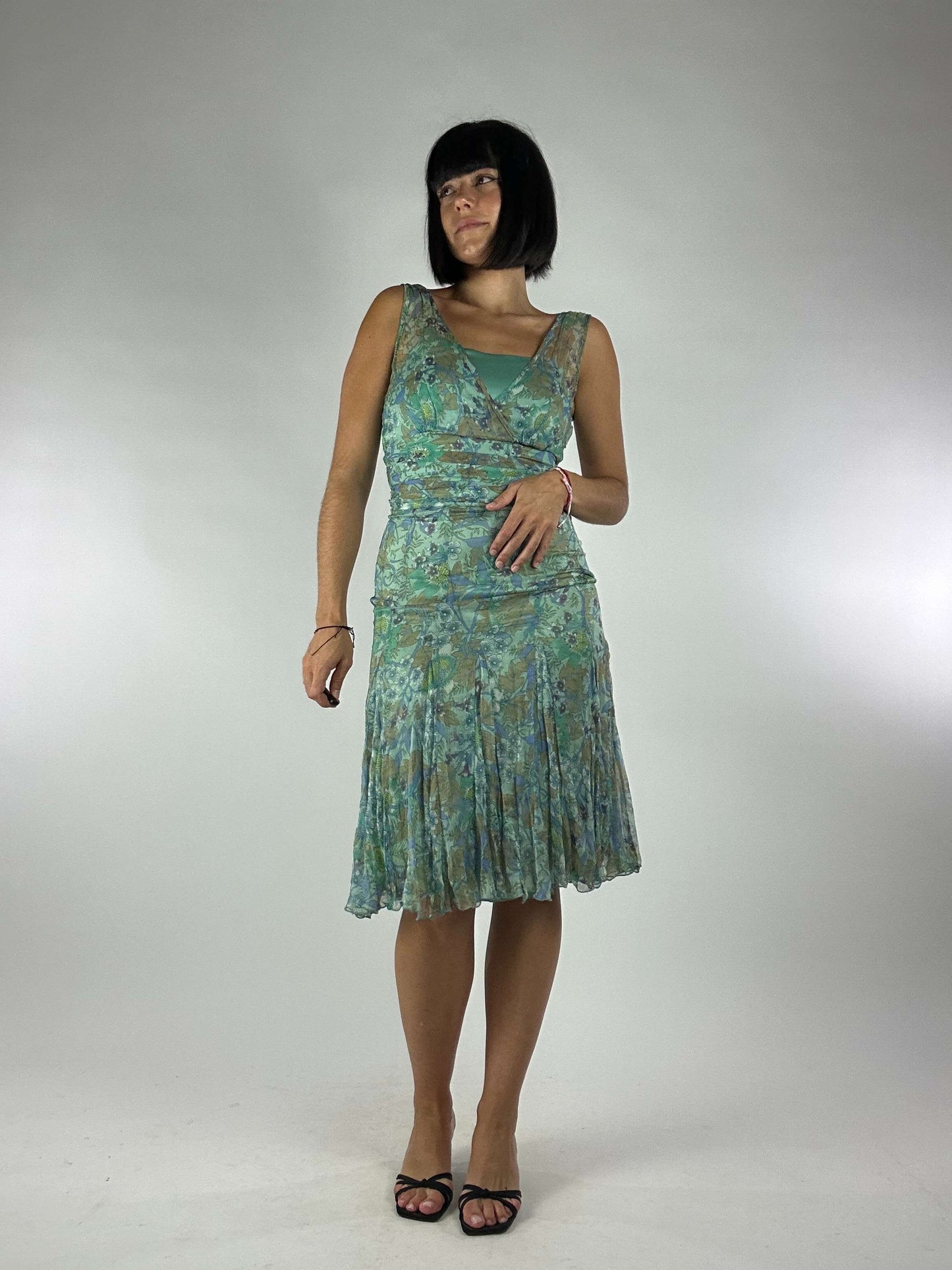 Vintage 00s Pleated Oriental Flower Print Midi Dress