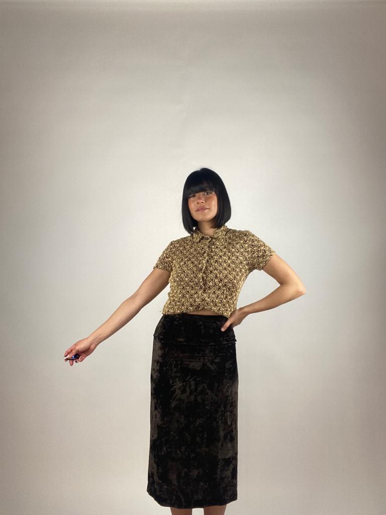 Vintage Late 90s Chocolate Brown Velvet Pencil Midi Skirt
