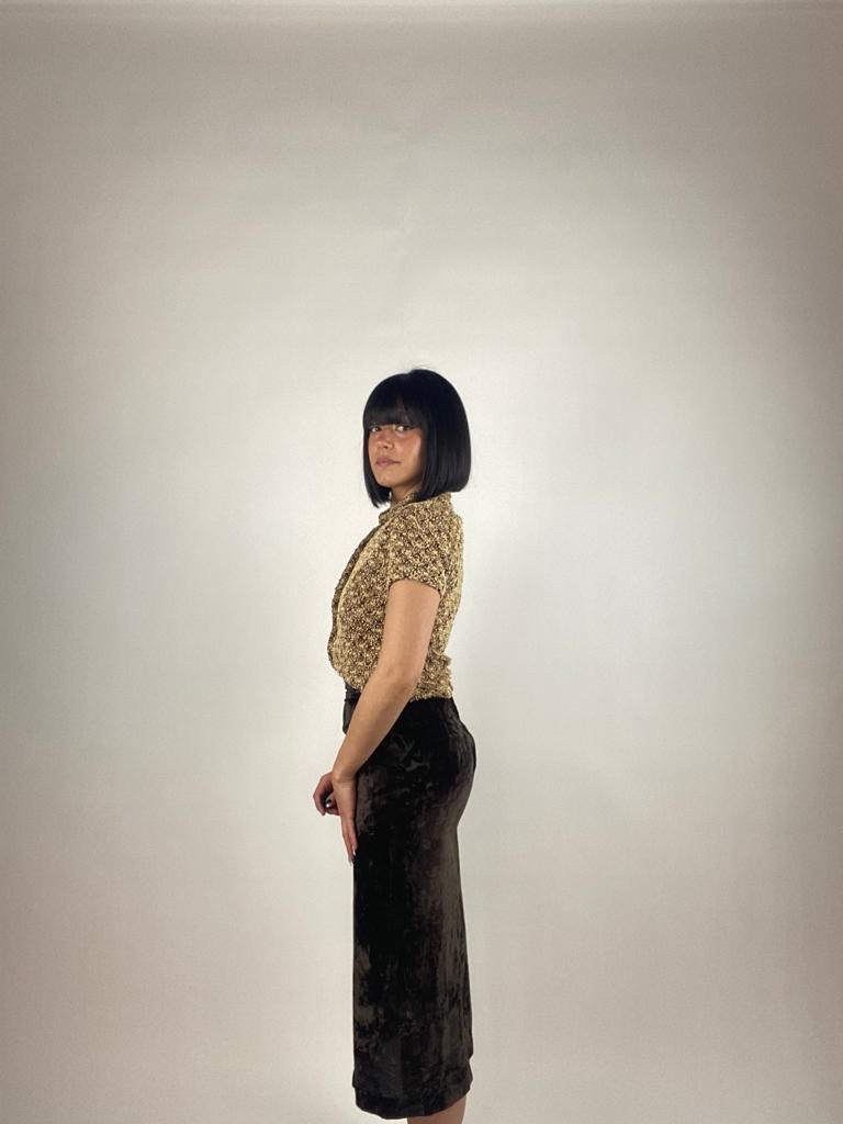 Vintage Late 90s Chocolate Brown Velvet Pencil Midi Skirt