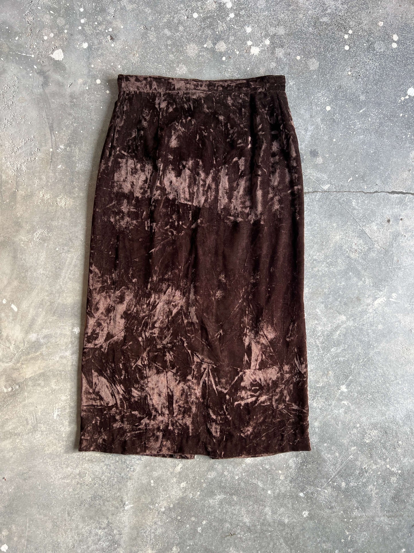 Vintage Late 90s Chocolate Brown Velvet Pencil Midi Skirt