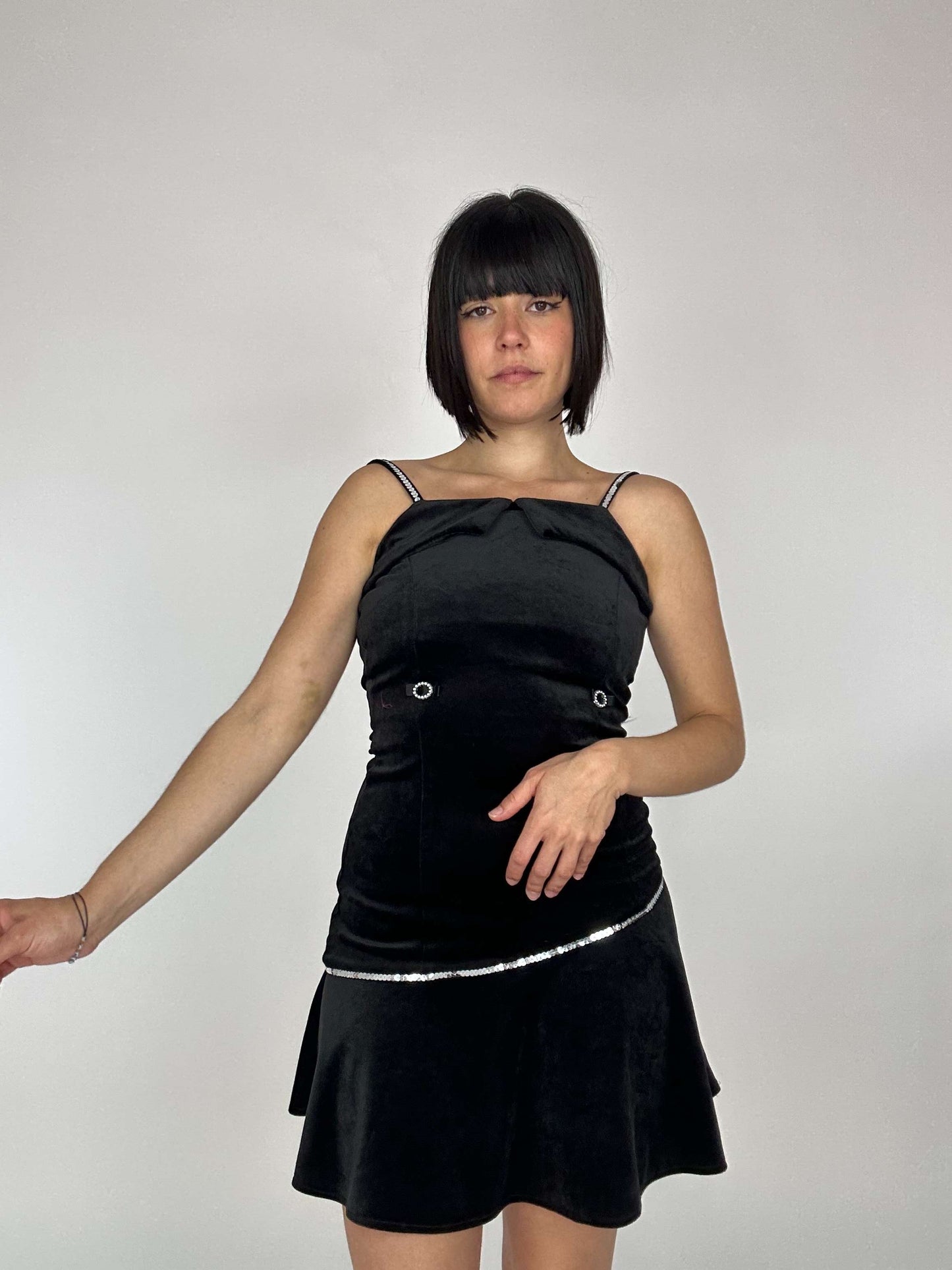 Vintage 90s Velvet Mini Dress With Sequence And Rhinestones Details