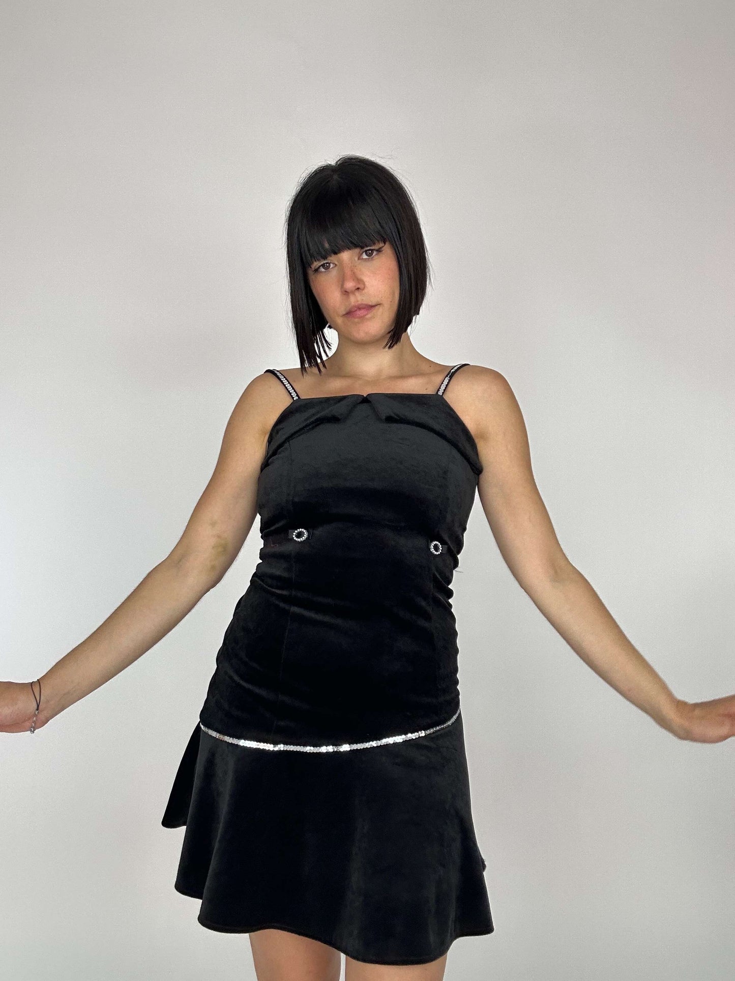 Vintage 90s Velvet Mini Dress With Sequence And Rhinestones Details