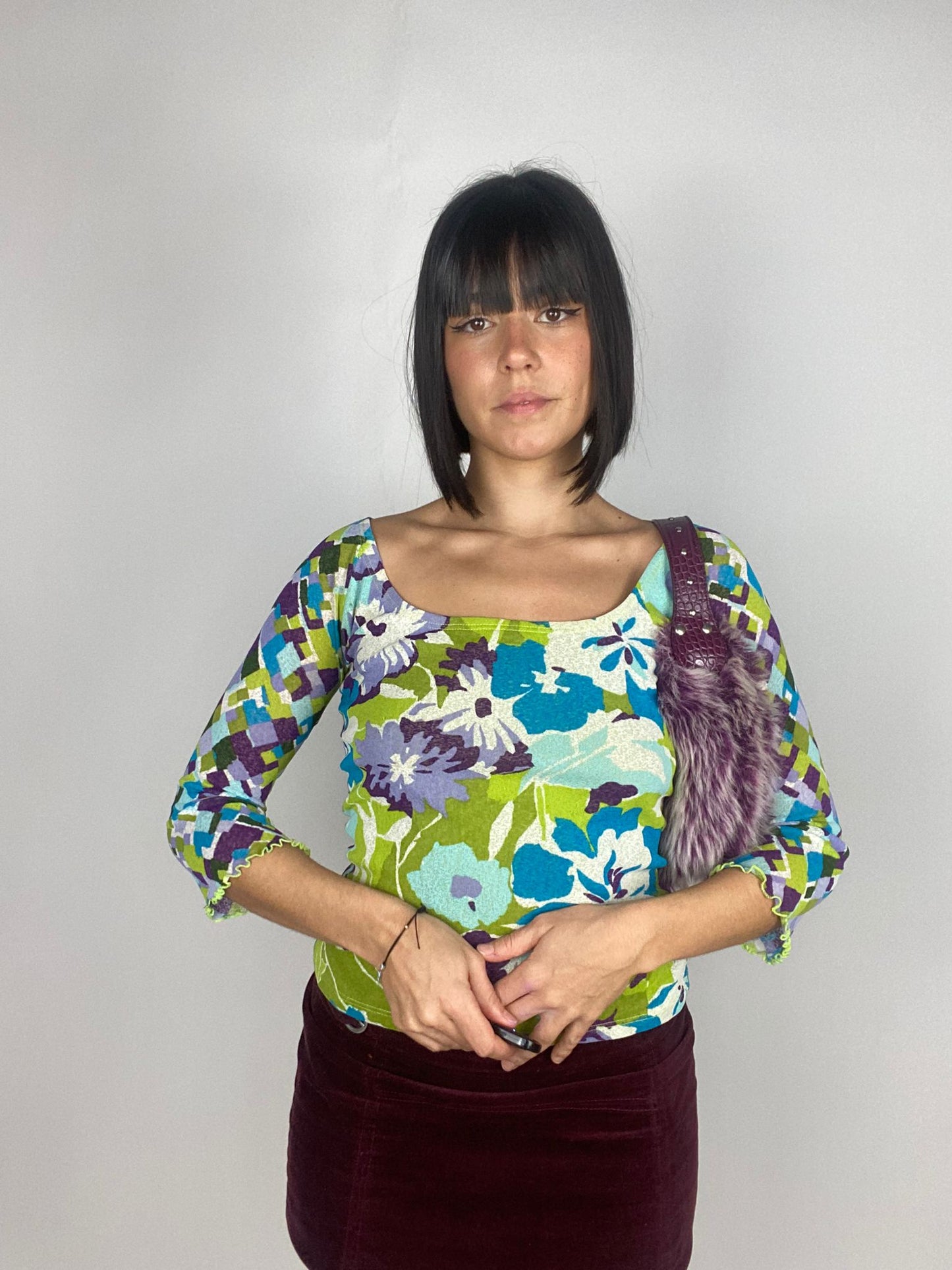 Vintage Mesh Fabric T-shirt with Flower Print 2000s