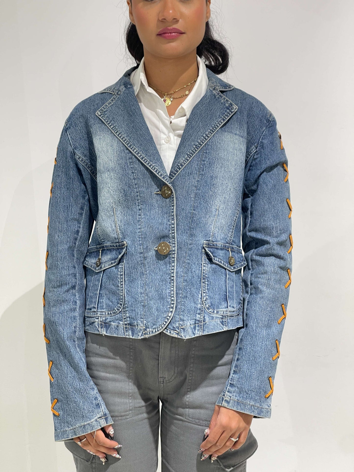 Vintage 00s Boho Braided Denim Blazer