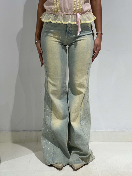 Vintage Y2K Low Rise Boho Jeans With Embroidered Flowers