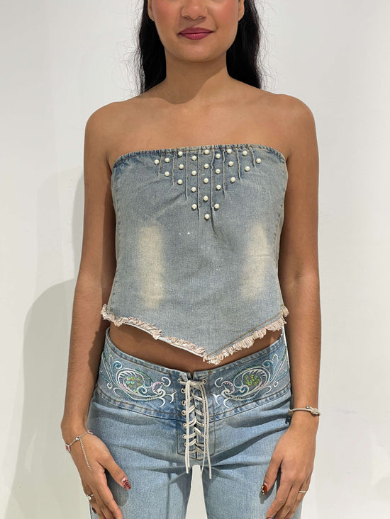 Vintage Y2K Denim Corset Top With Pearls And Glitter