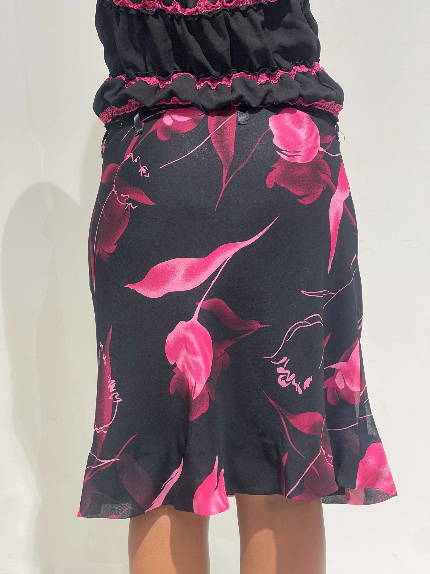 Vintage Late 90s Floral Midi Skirt (Black and Pink)