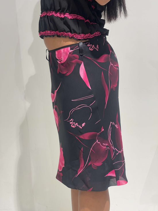 Vintage Late 90s Floral Midi Skirt (Black and Pink)