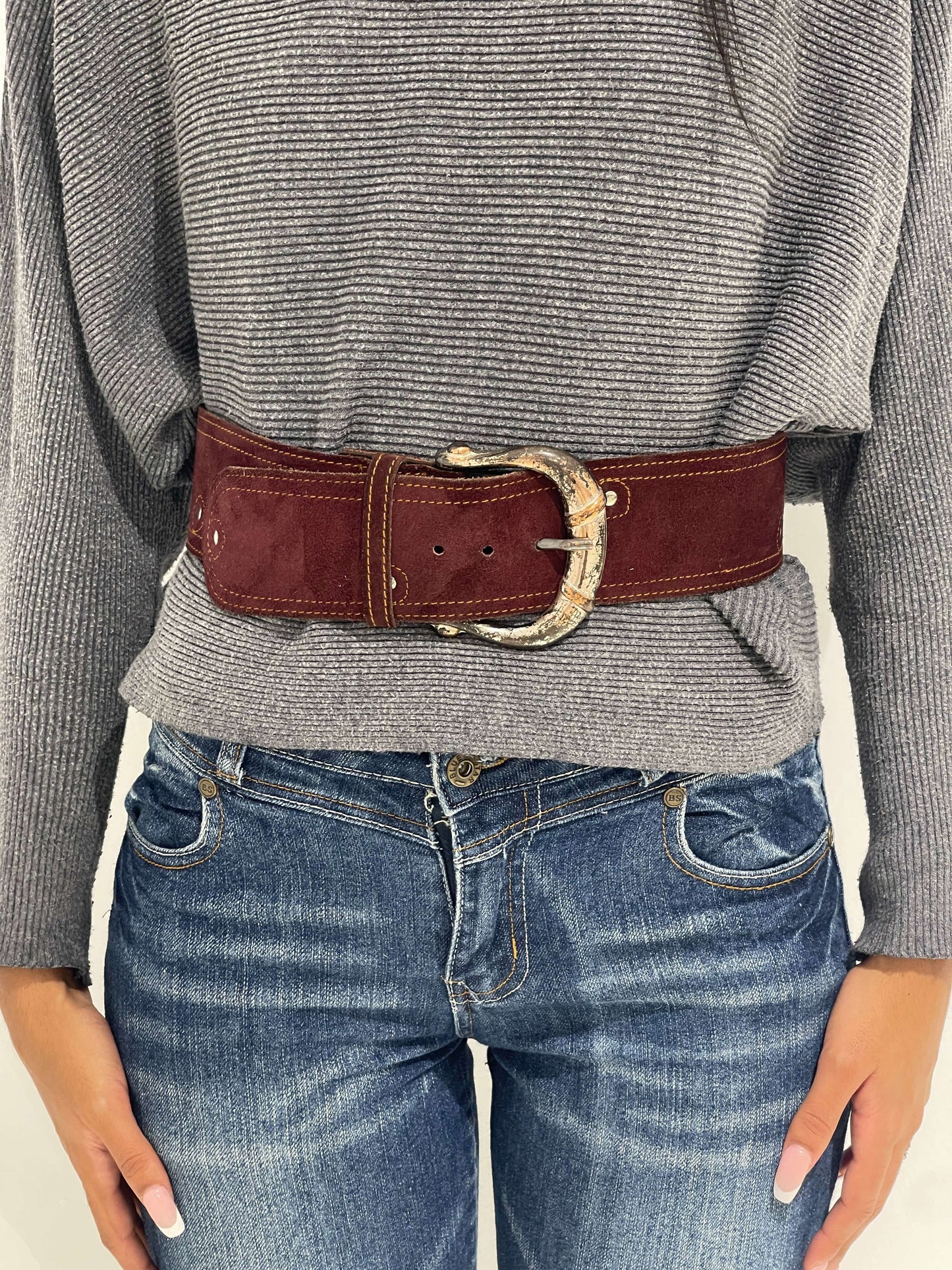 Vintage 90s Chunky Suede Belt In Burgundy