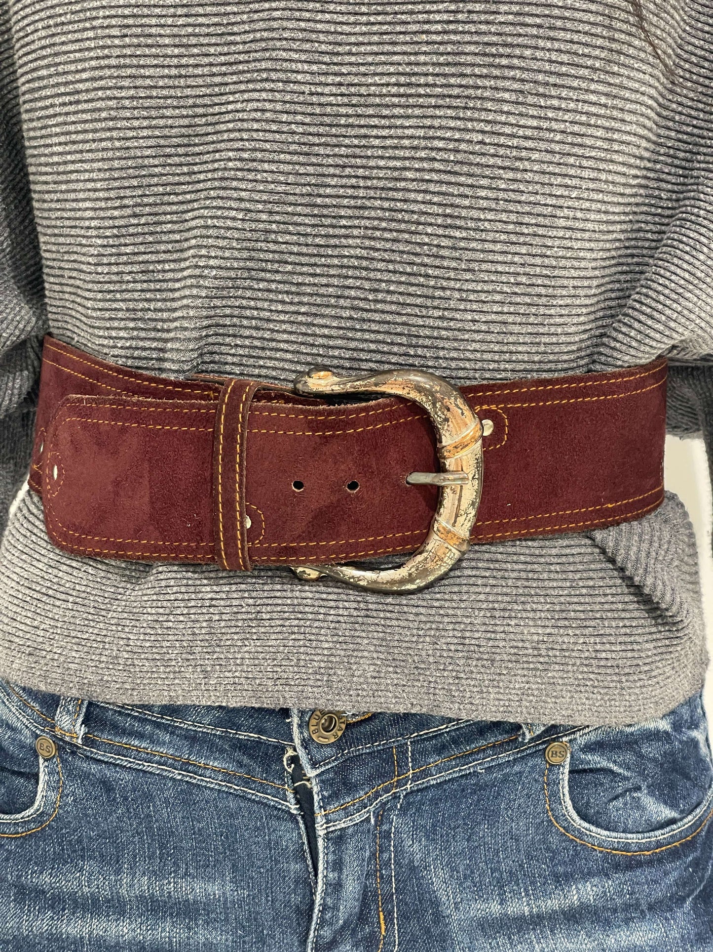 Vintage 90s Chunky Suede Belt In Burgundy