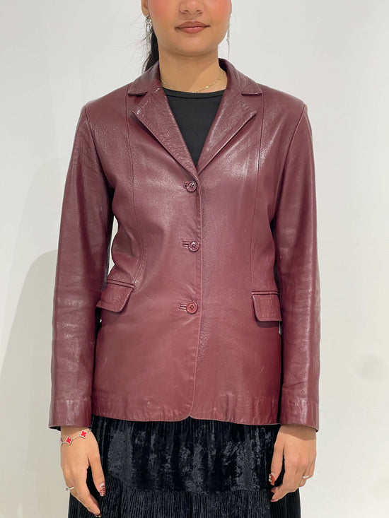 Vintage 90s Caroline Basset Style Burgundy Leather Jacket