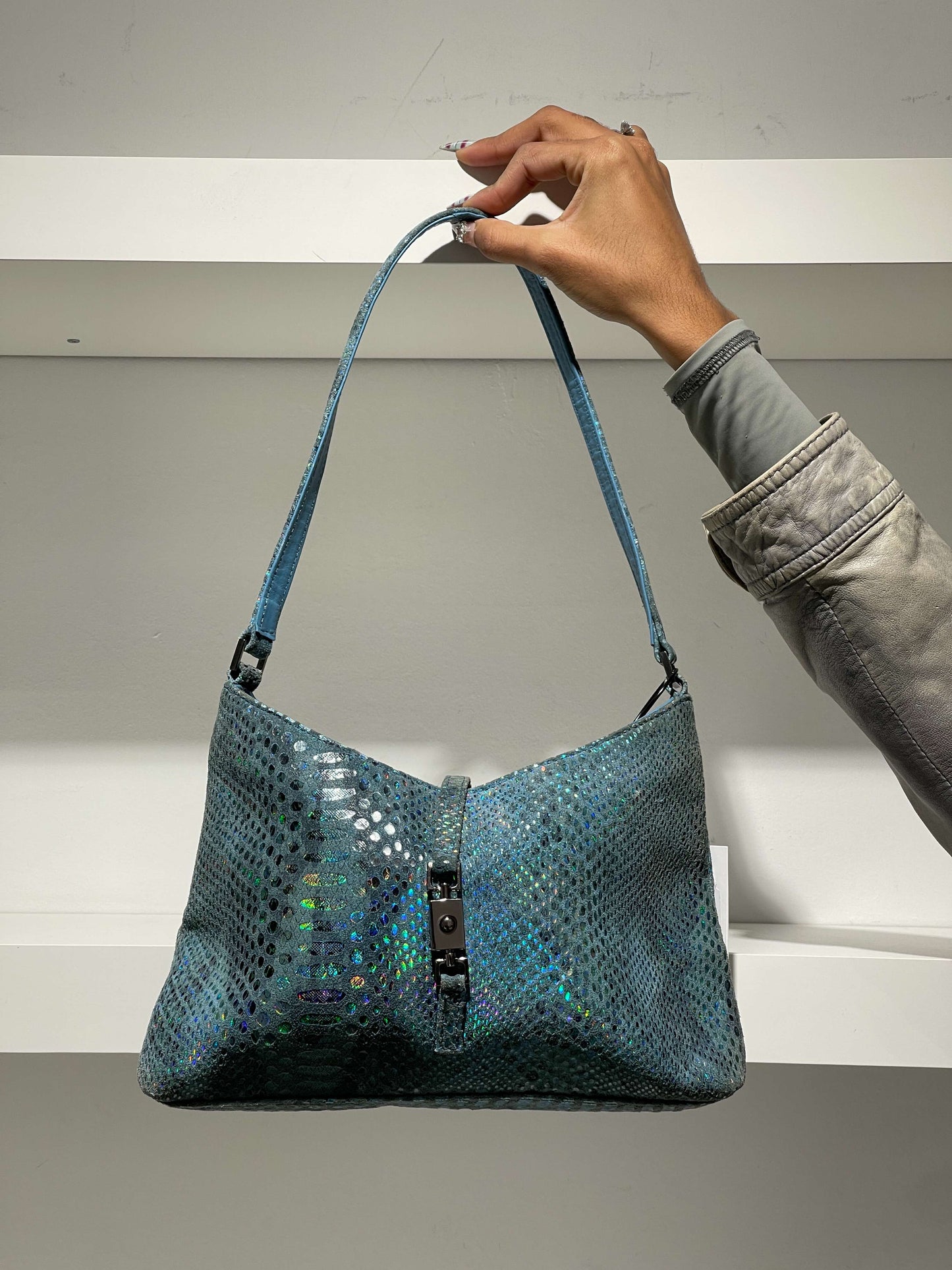 Vintage Y2K Hobo Snake Print Blue Baguette Bag