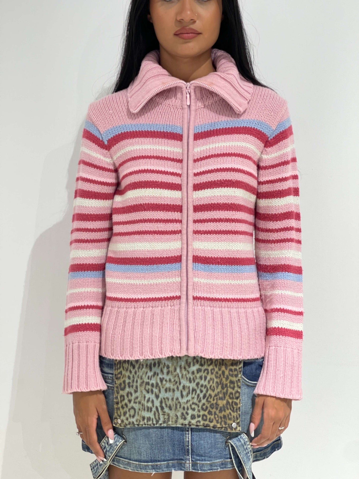 Vintage 00s Chunky Knit Pink Striped Zip Up Cardigan