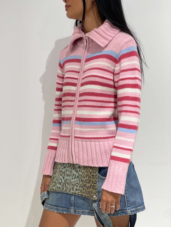 Vintage 00s Chunky Knit Pink Striped Zip Up Cardigan