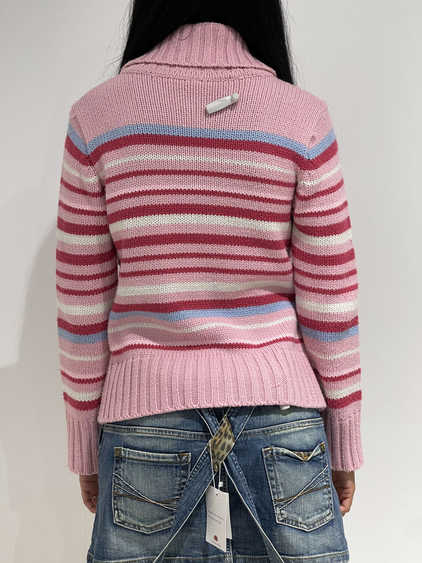 Vintage 00s Chunky Knit Pink Striped Zip Up Cardigan