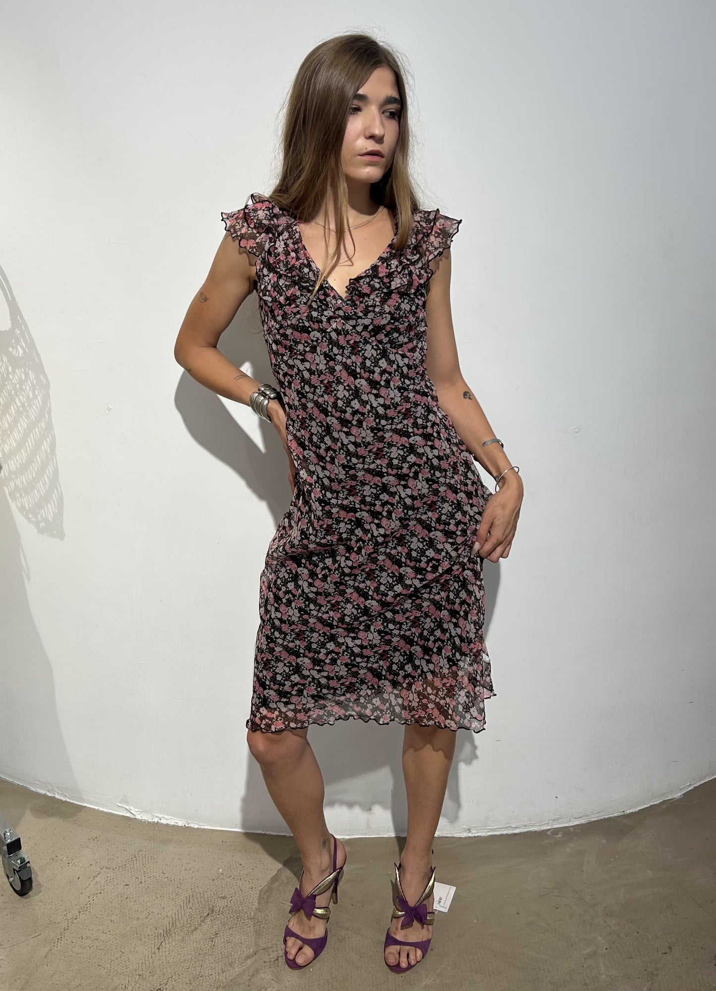 Vintage 00s Lana Del Rey Style Floral Ruffled Midi Dress