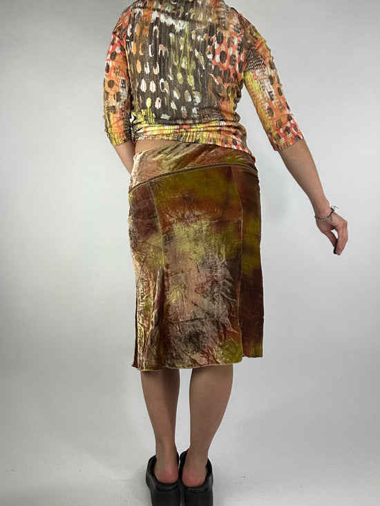 Vintage 00s Boho Tie Dye Velvet Low Rise Midi Skirt