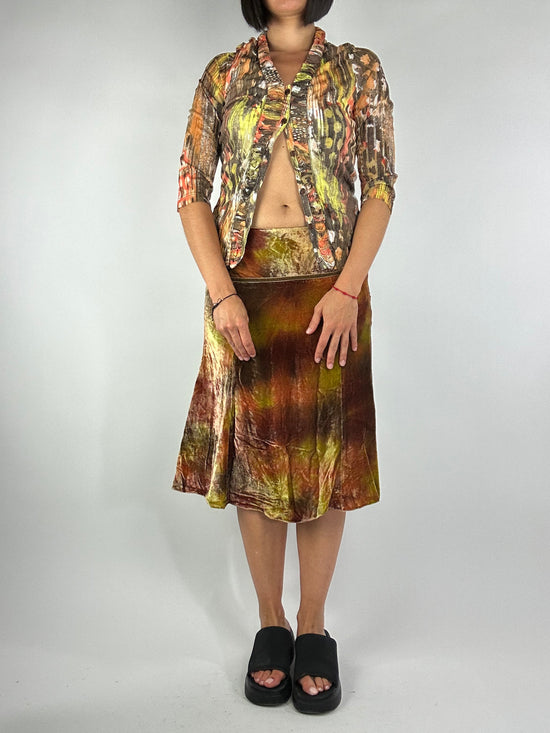 Vintage 00s Fairy Core Tie Dye Velvet Low Rise Midi Skirt