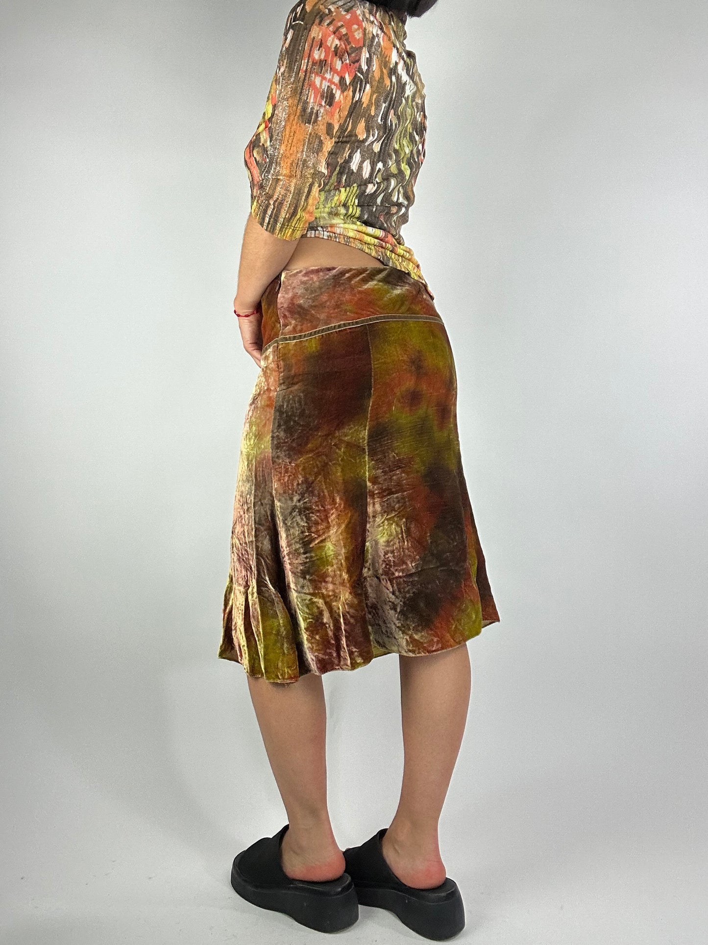Vintage 00s Fairy Core Tie Dye Velvet Low Rise Midi Skirt