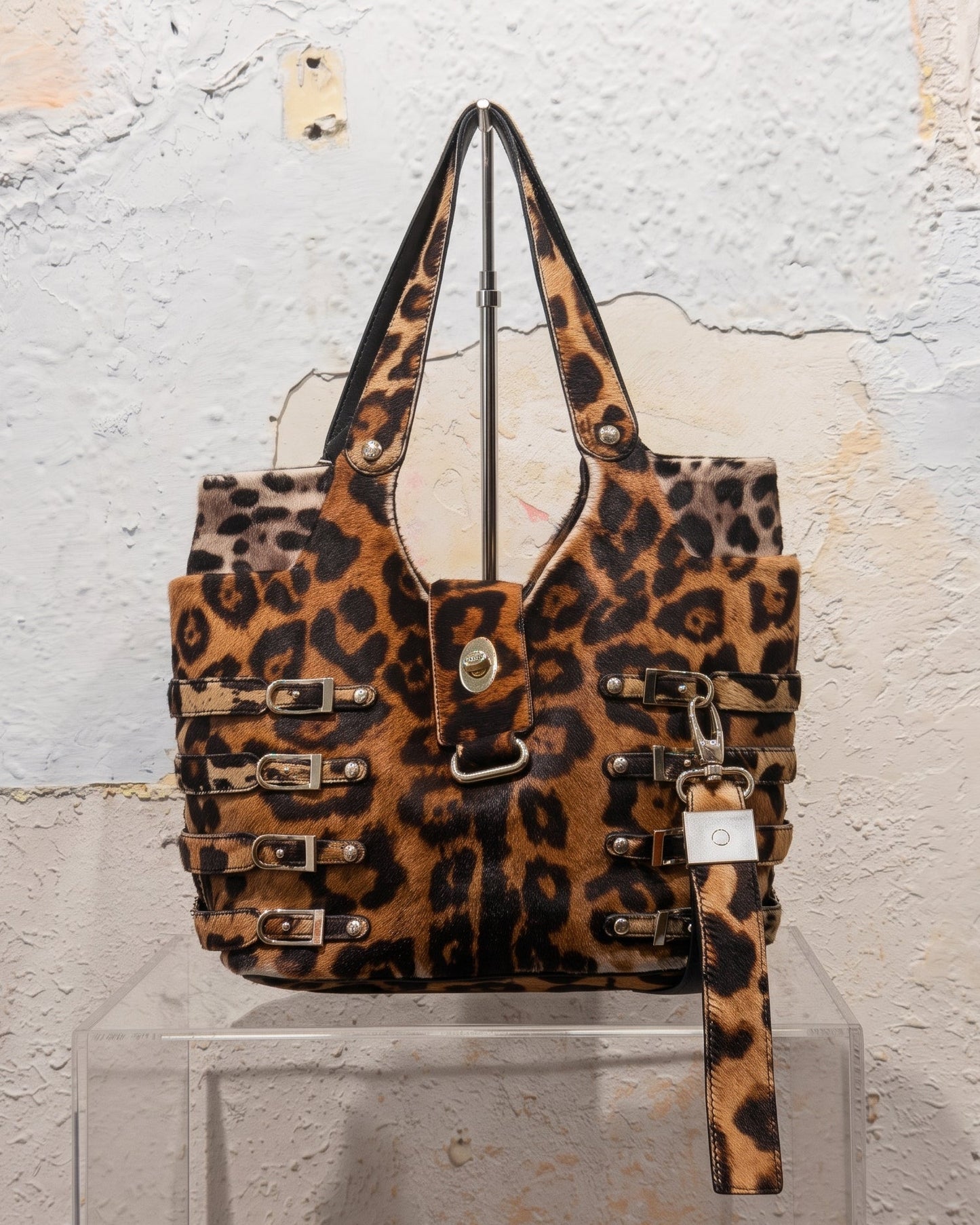 Rare Vintage Y2K Jimmy Choo Fur Leopard Berlin Style Bandage Shoulder Bag