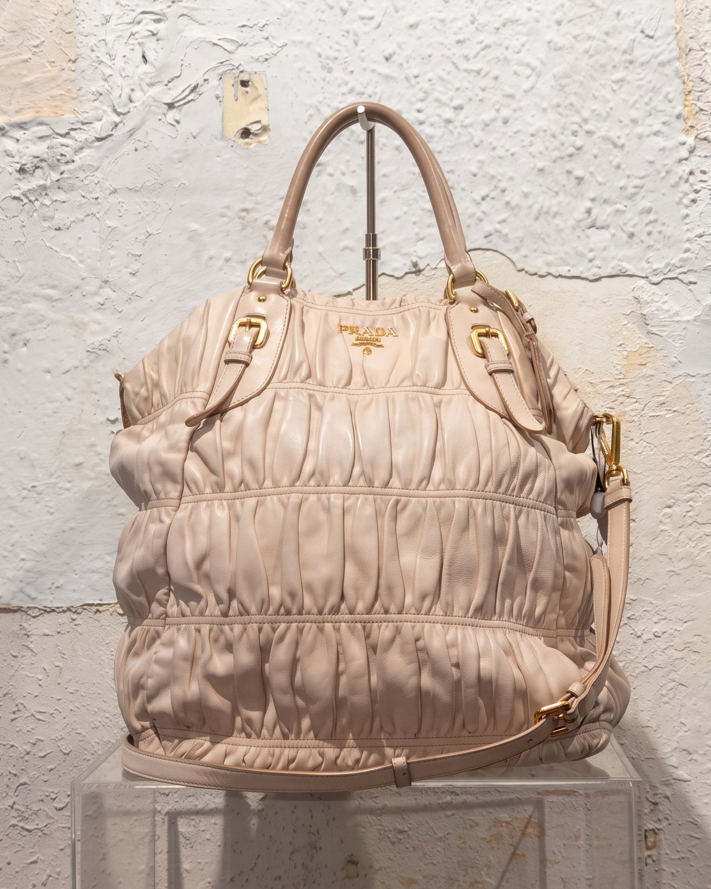 Archive Vintage 00s Prada Ruched Leather Bag In Pastel Pink