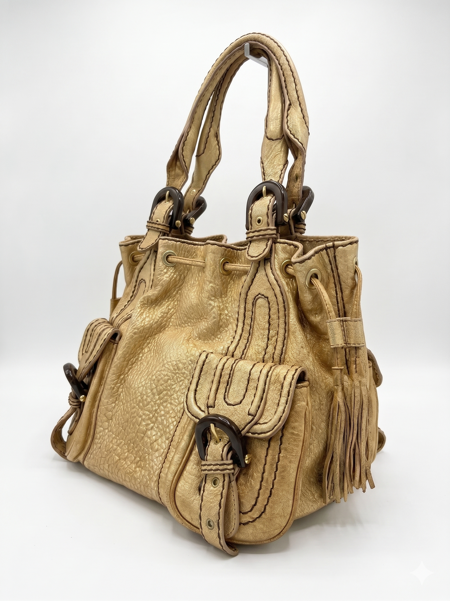 Vintage 00s Kenzo Boho Shoulder Bag With Pockets In Gold With Fringes