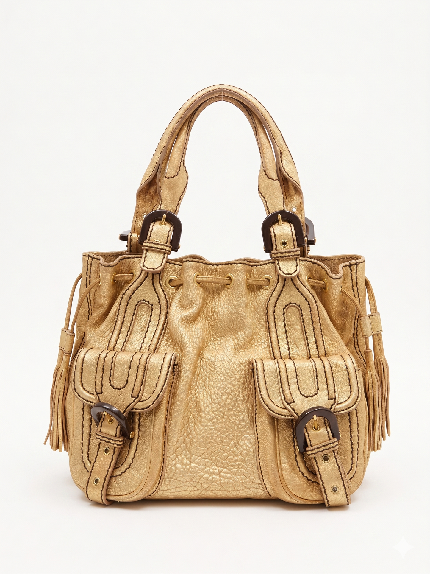 Vintage 00s Kenzo Boho Shoulder Bag With Pockets In Gold With Fringes