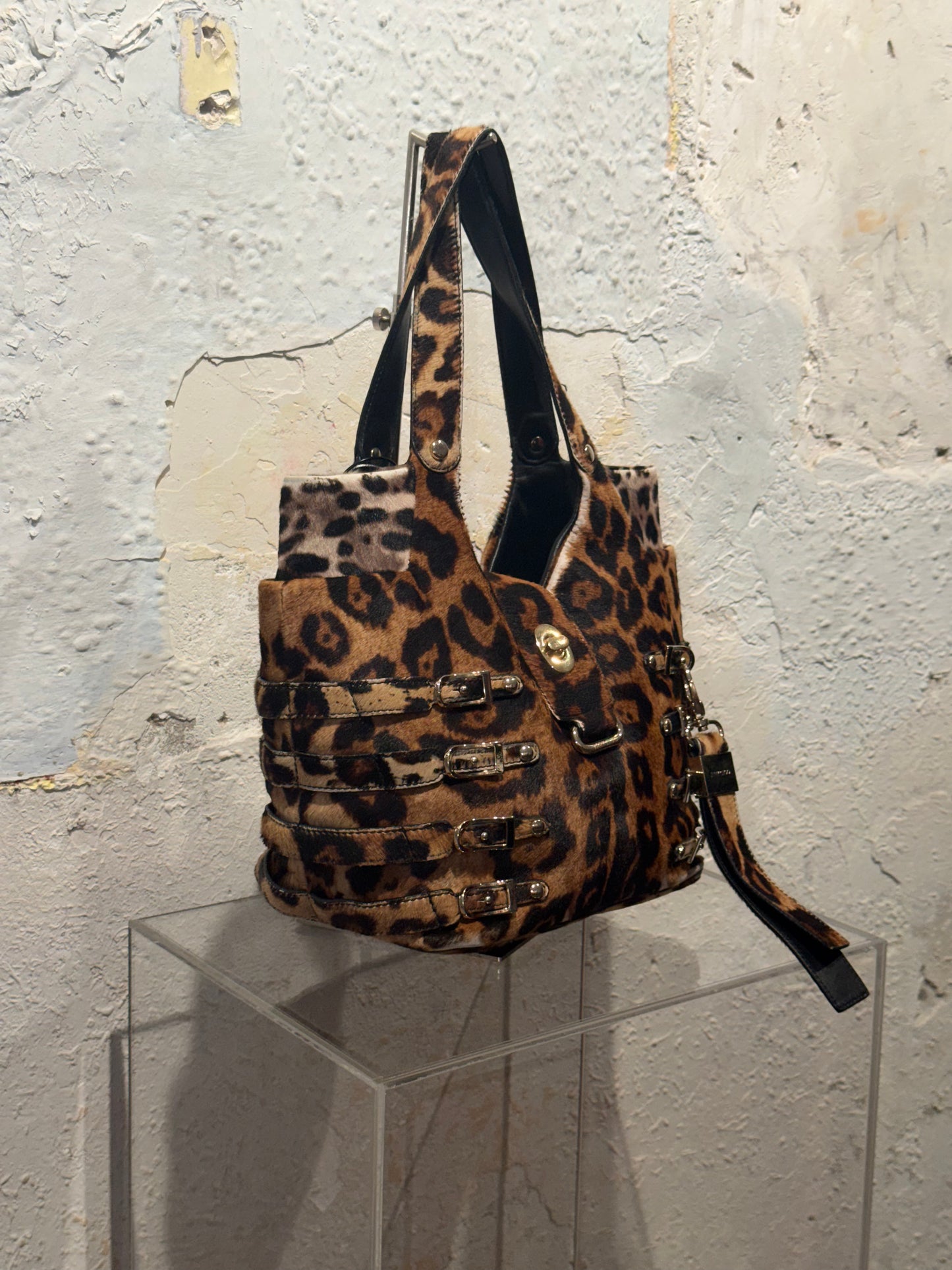 Rare Vintage Y2K Jimmy Choo Fur Leopard Berlin Style Bandage Shoulder Bag