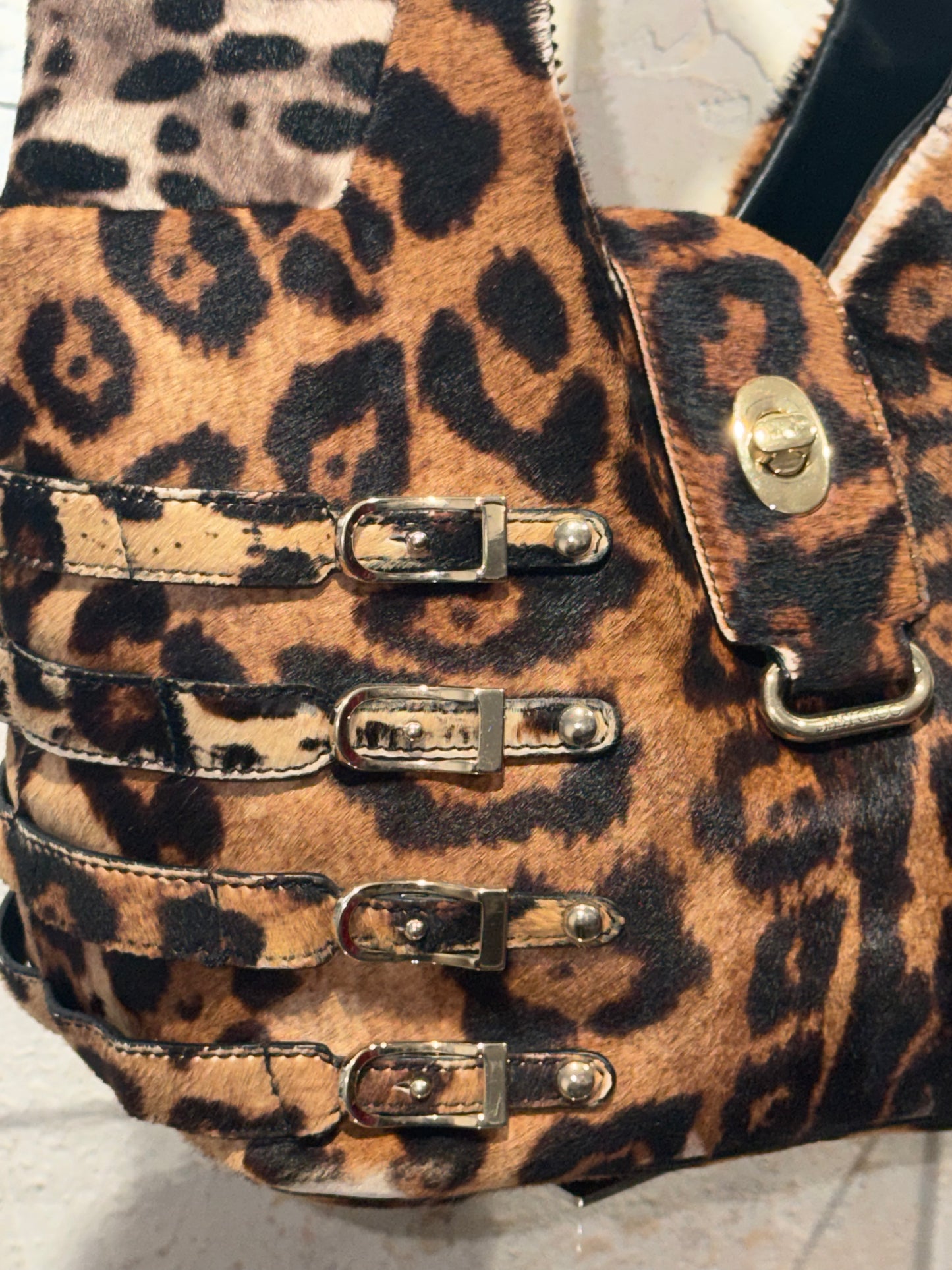 Rare Vintage Y2K Jimmy Choo Fur Leopard Berlin Style Bandage Shoulder Bag