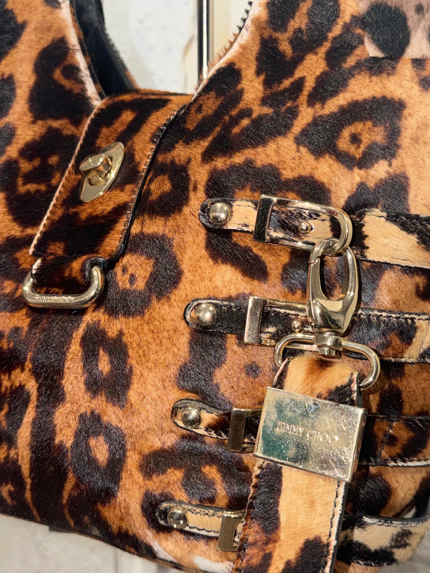 Rare Vintage Y2K Jimmy Choo Fur Leopard Berlin Style Bandage Shoulder Bag