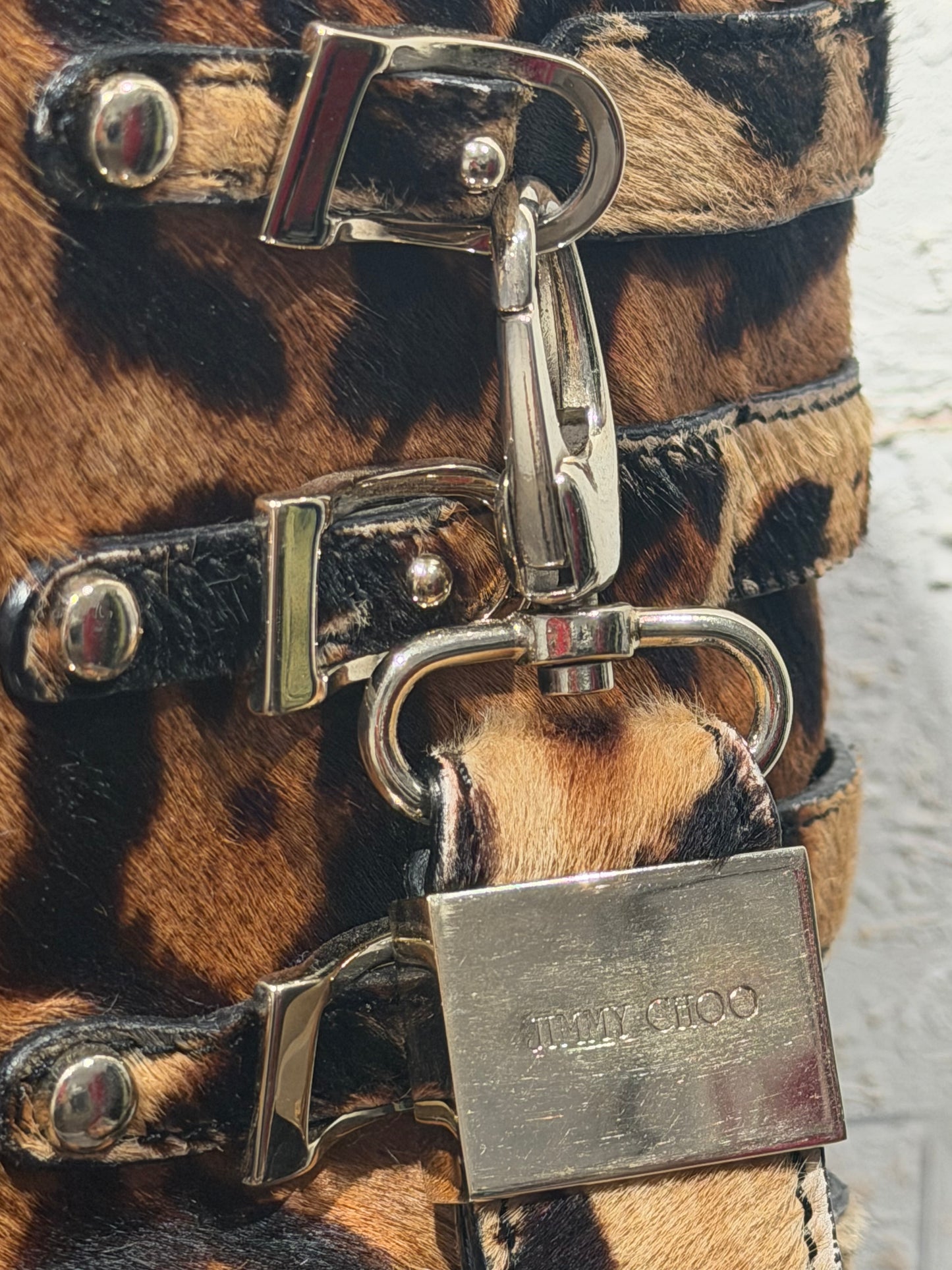 Rare Vintage Y2K Jimmy Choo Fur Leopard Berlin Style Bandage Shoulder Bag