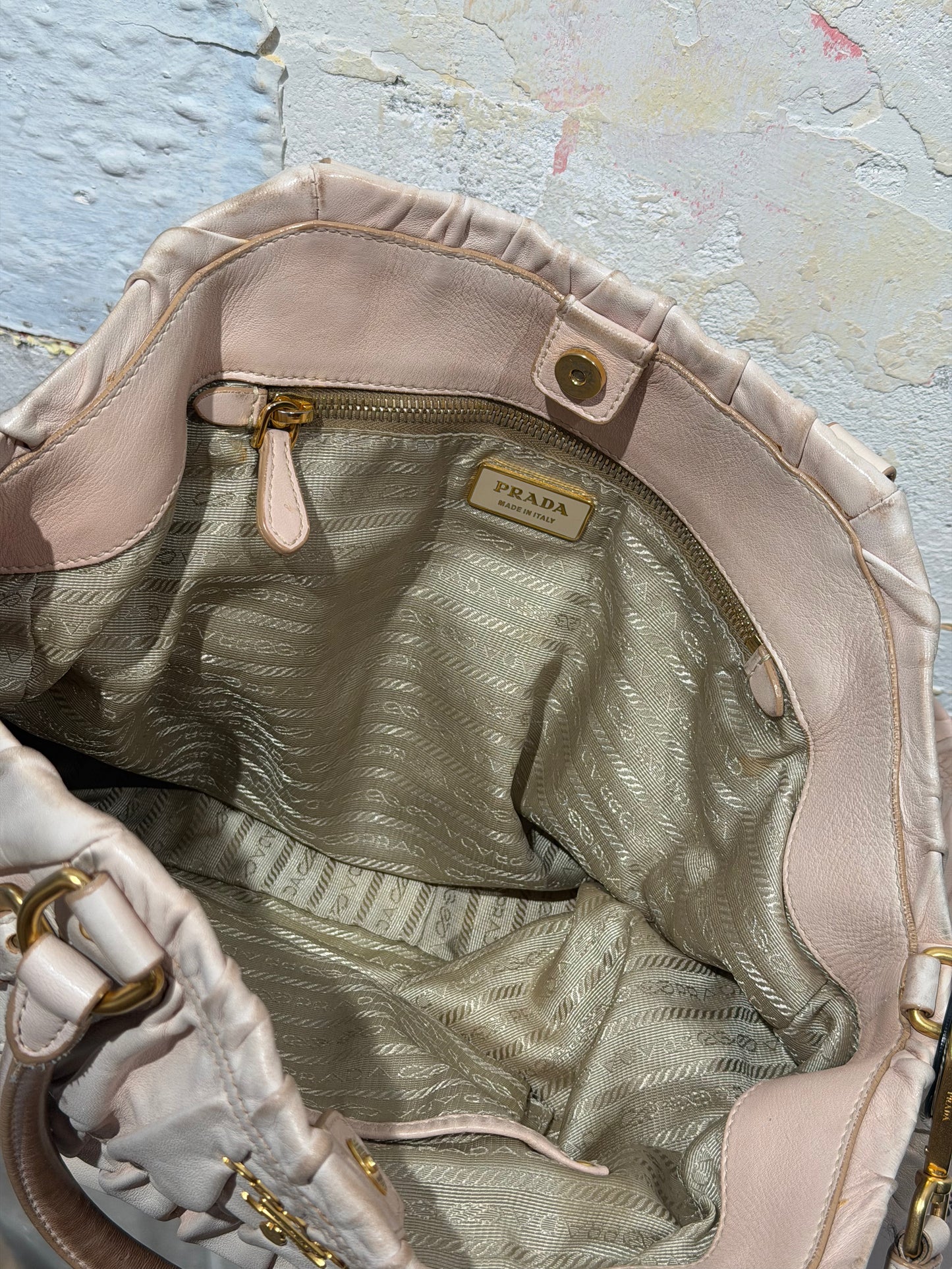 Archive Vintage 00s Prada Ruched Leather Bag In Pastel Pink