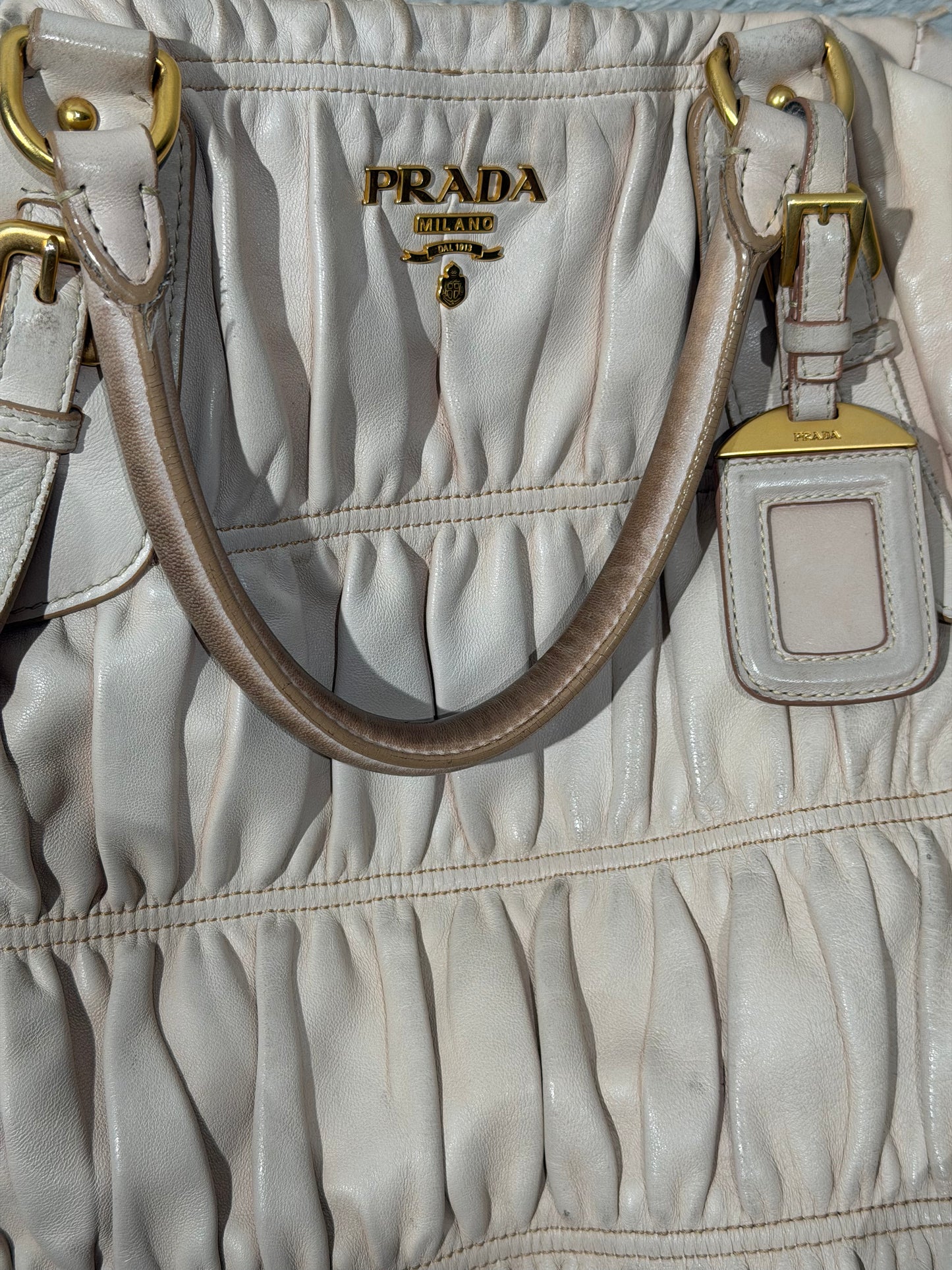 Archive Vintage 00s Prada Ruched Leather Bag In Pastel Pink