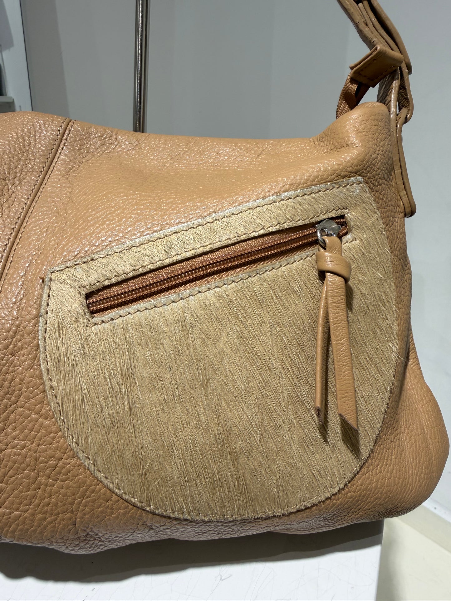 Vintage 00s Ralph Lauren Style Boho Leather Fur Maxi Bag With Pockets