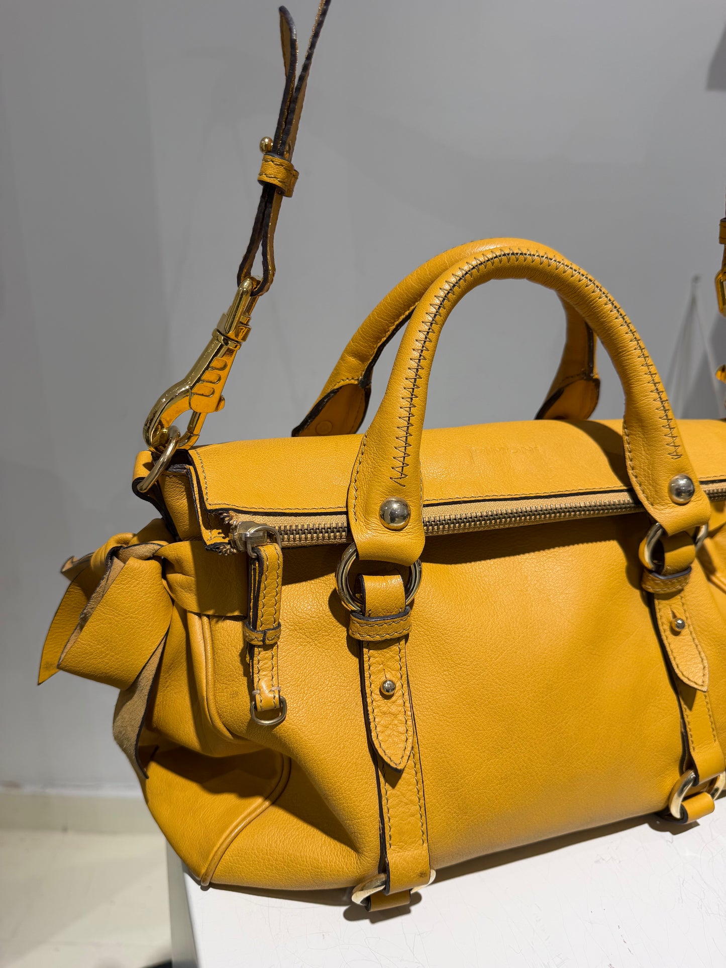 Vintage 00s Miu Miu Vitello Inspired Mustard Leather Bag With Ribbons