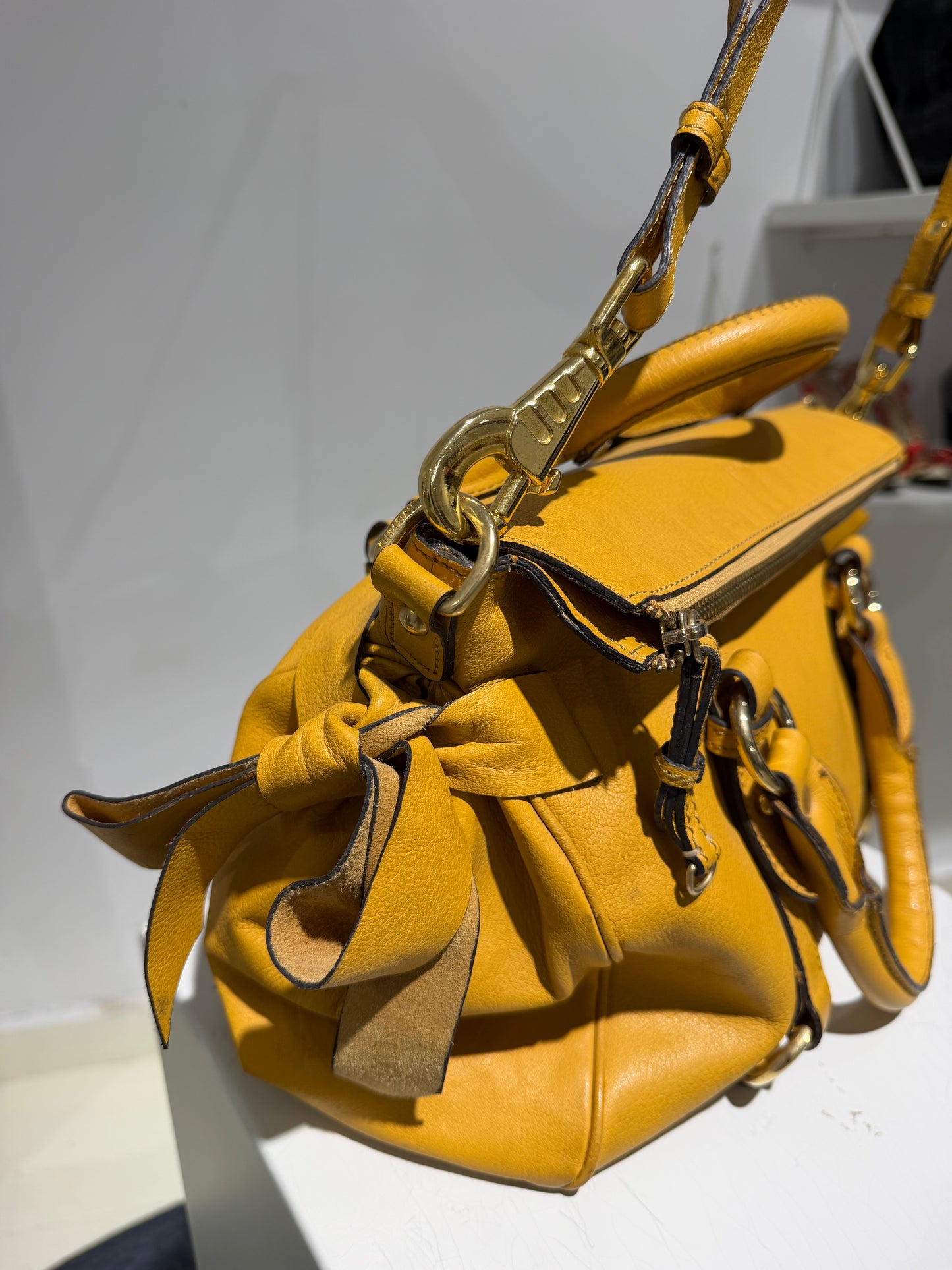 Vintage 00s Miu Miu Vitello Inspired Mustard Leather Bag With Ribbons