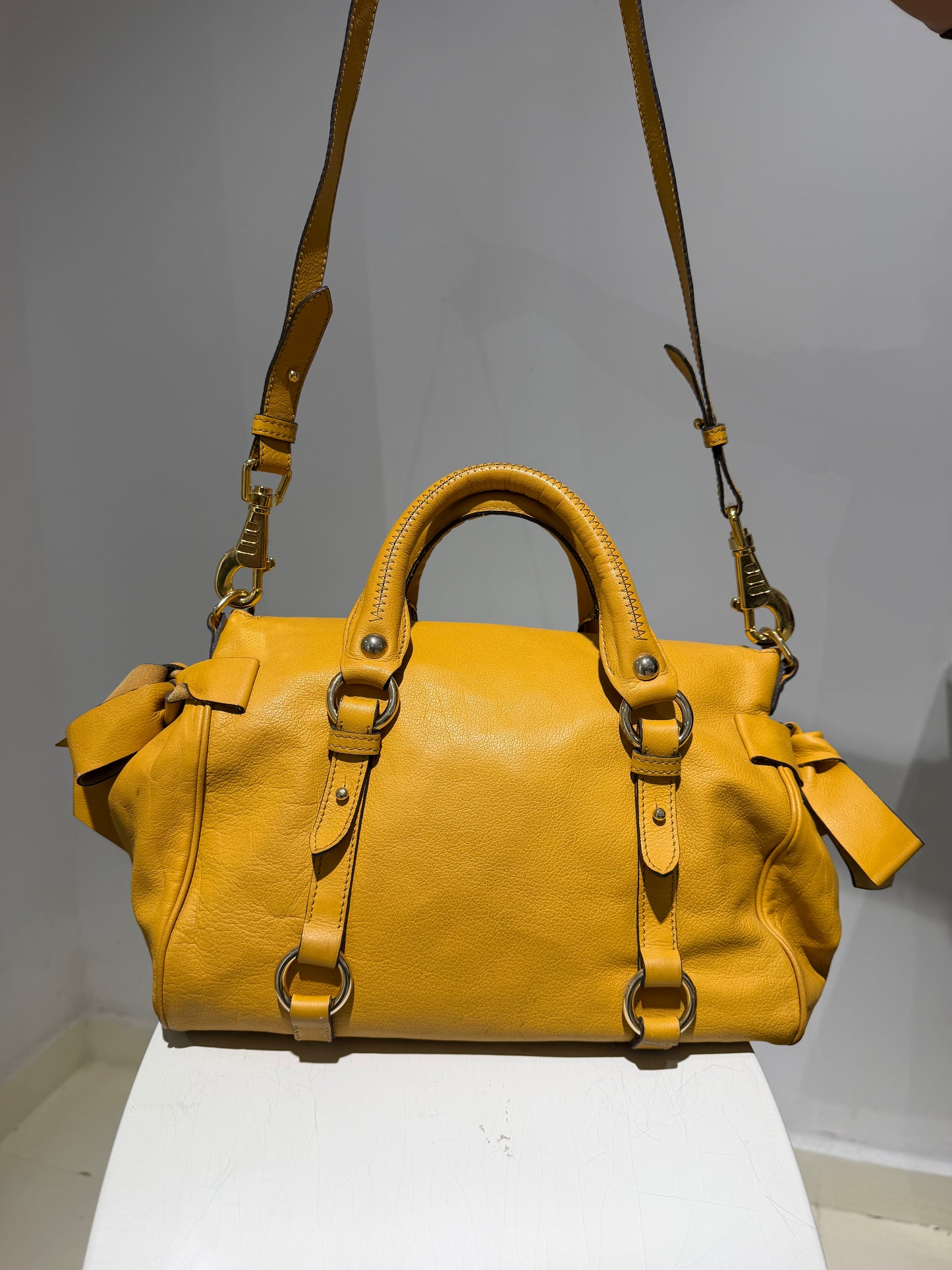 Vintage 00s Miu Miu Vitello Inspired Mustard Leather Bag With Ribbons